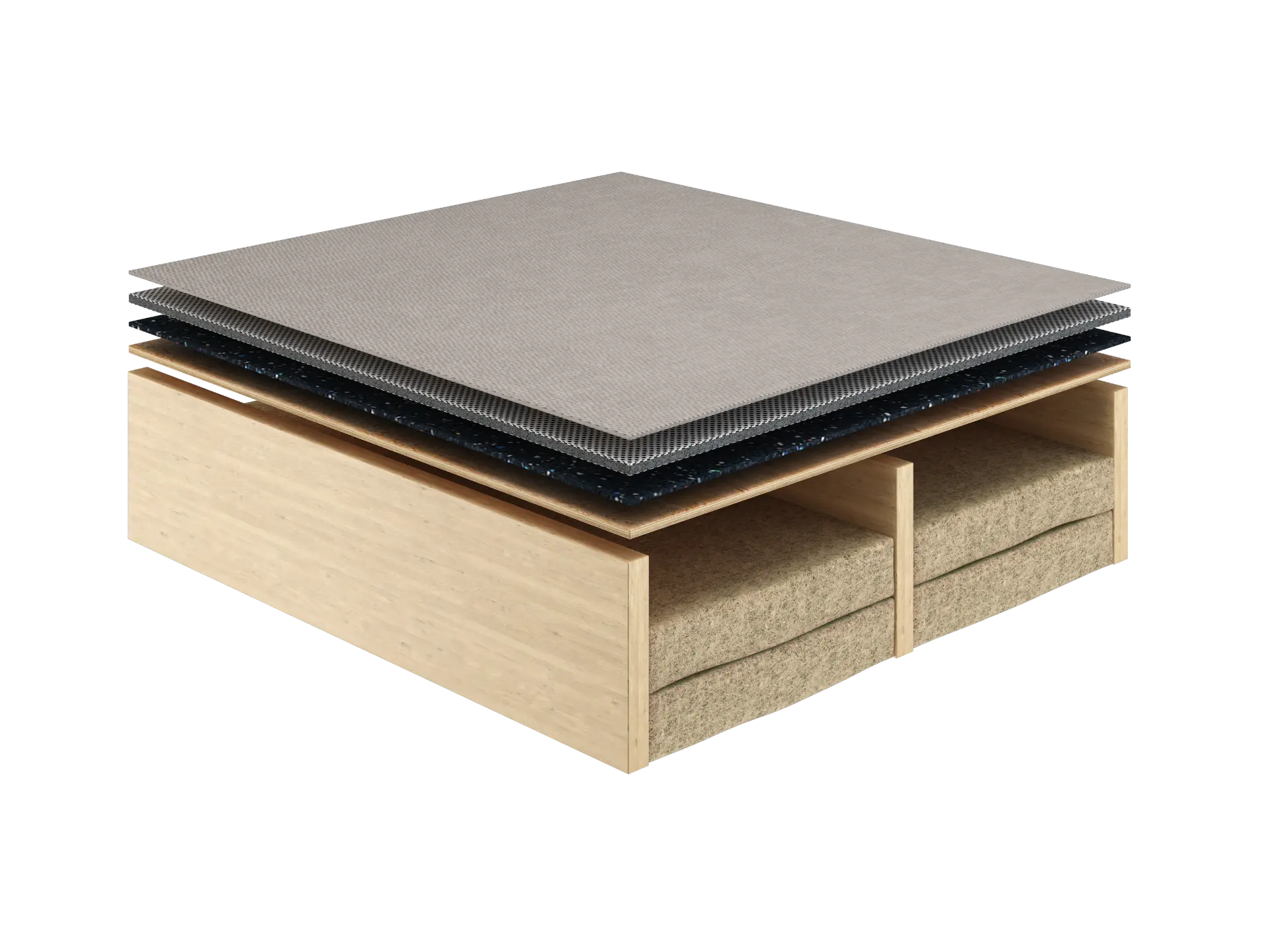 Cutaway soundproof floor assembly — Rockwool between the joists, plywood subfloor, Serenity underlay, double-set carpet padding, and carpet top