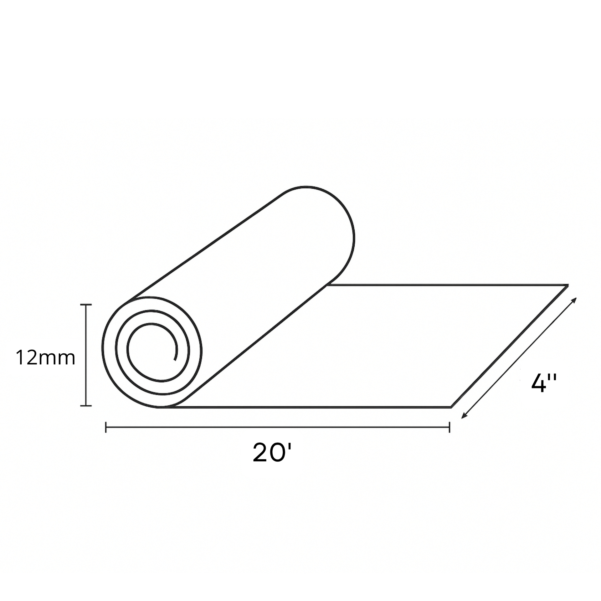Serenity 12mm underlay technical drawing — 12 mm thickness, 4 ft × 20 ft roll of recycled rubber-composite underlayment.