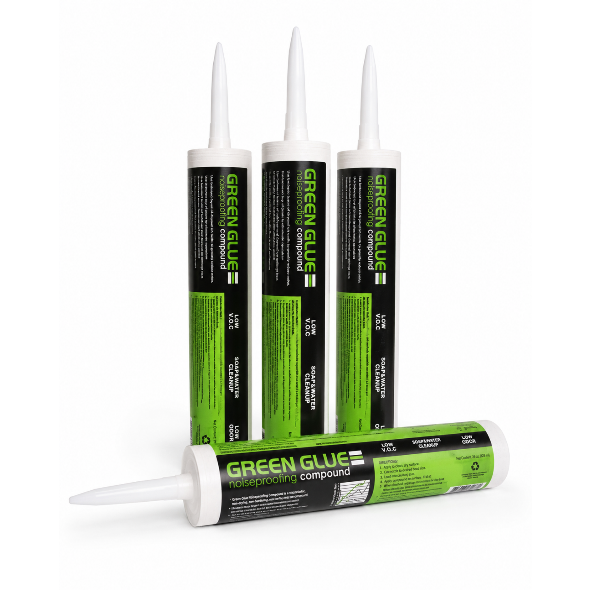 Green Glue Noiseproofing Compound — viscoelastic damping layer applied between drywall sheets, available in single tubes, cases of 12, and 5-gallon bulk pails.