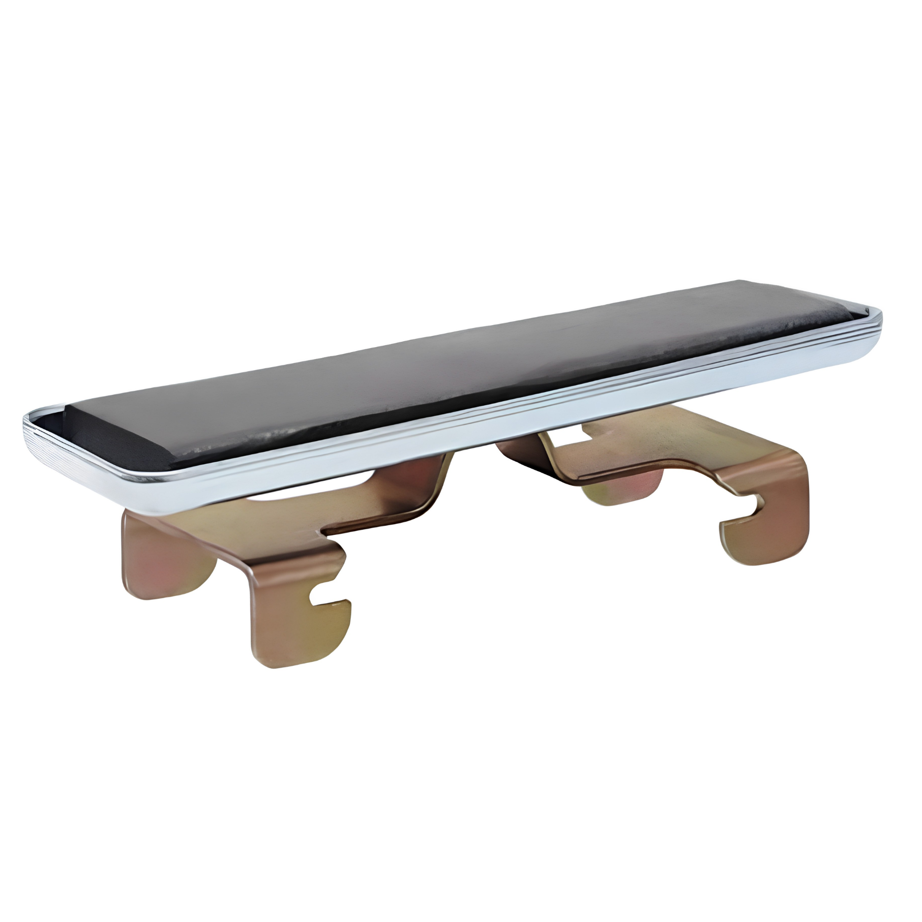 Green Glue Noiseproofing Clip (Quiet Clip) — black rubber isolation pad seated in a chromed steel channel-carrier with a gold zinc-plated mounting bracket, front hero view for wall and ceiling assemblies.