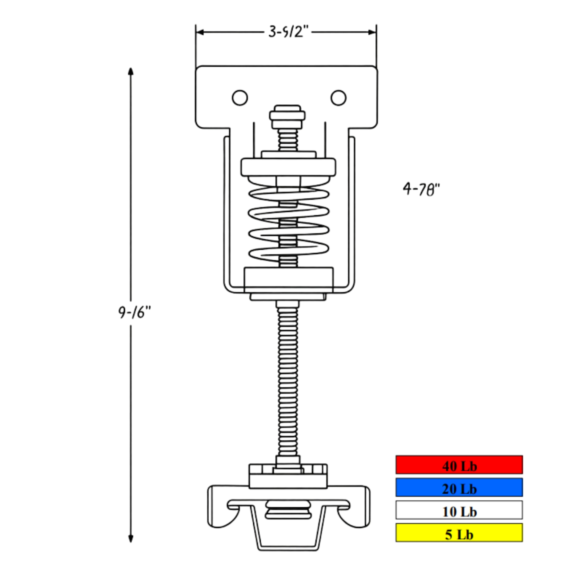 PAC International RSIC-SI-1 ULTRA dimensioned engineering drawing showing overall width, height, depth, and color-coded spring load ratings.