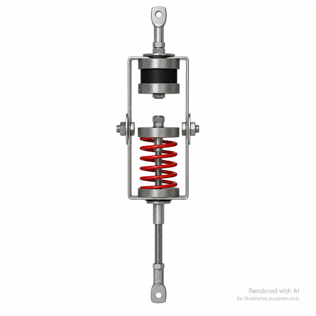 PAC International RSIC-SI-FF-WRW wire-hung ceiling isolator — steel full frame with a red coil spring and rubber element, an eye nut at the top for the upper hanger wire and a second eye nut below for the wire to the drywall grid.