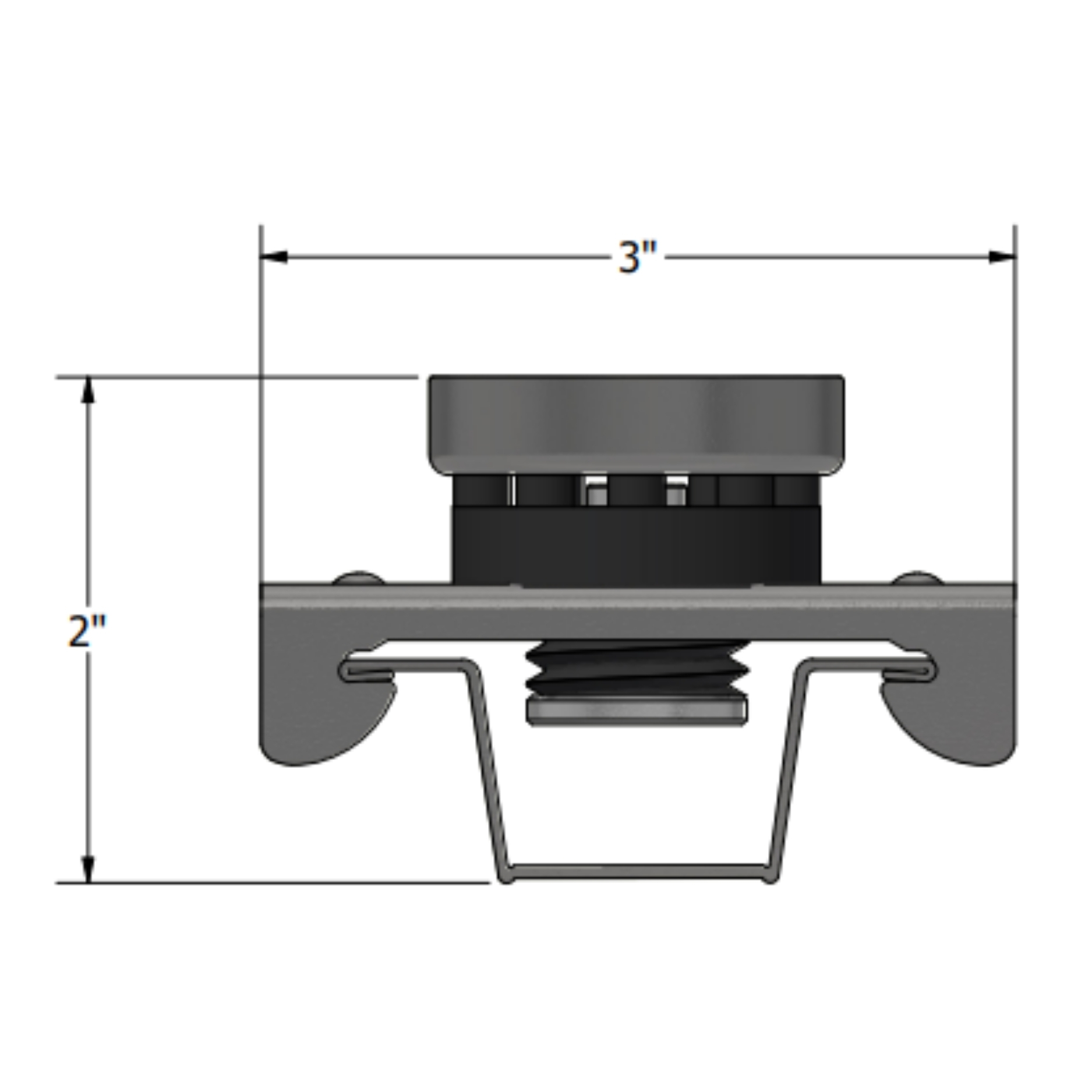PAC RSIC-2 dimensional drawing — about 3 in across the clip with a 2 in overall depth including the spacer, rubber isolator and seated furring channel.
