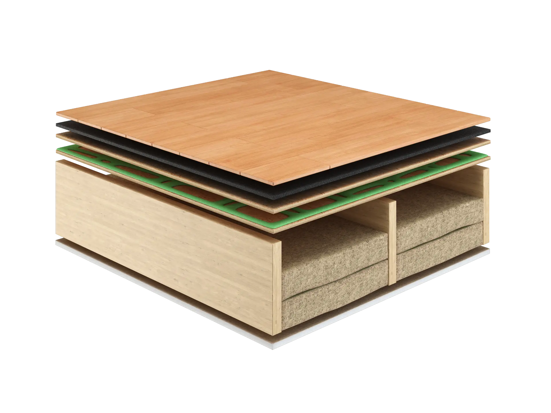 Cutaway soundproof floor assembly diagram with Rockwool, subfloor, Green Glue, plywood, Serenity underlay, and hardwood flooring