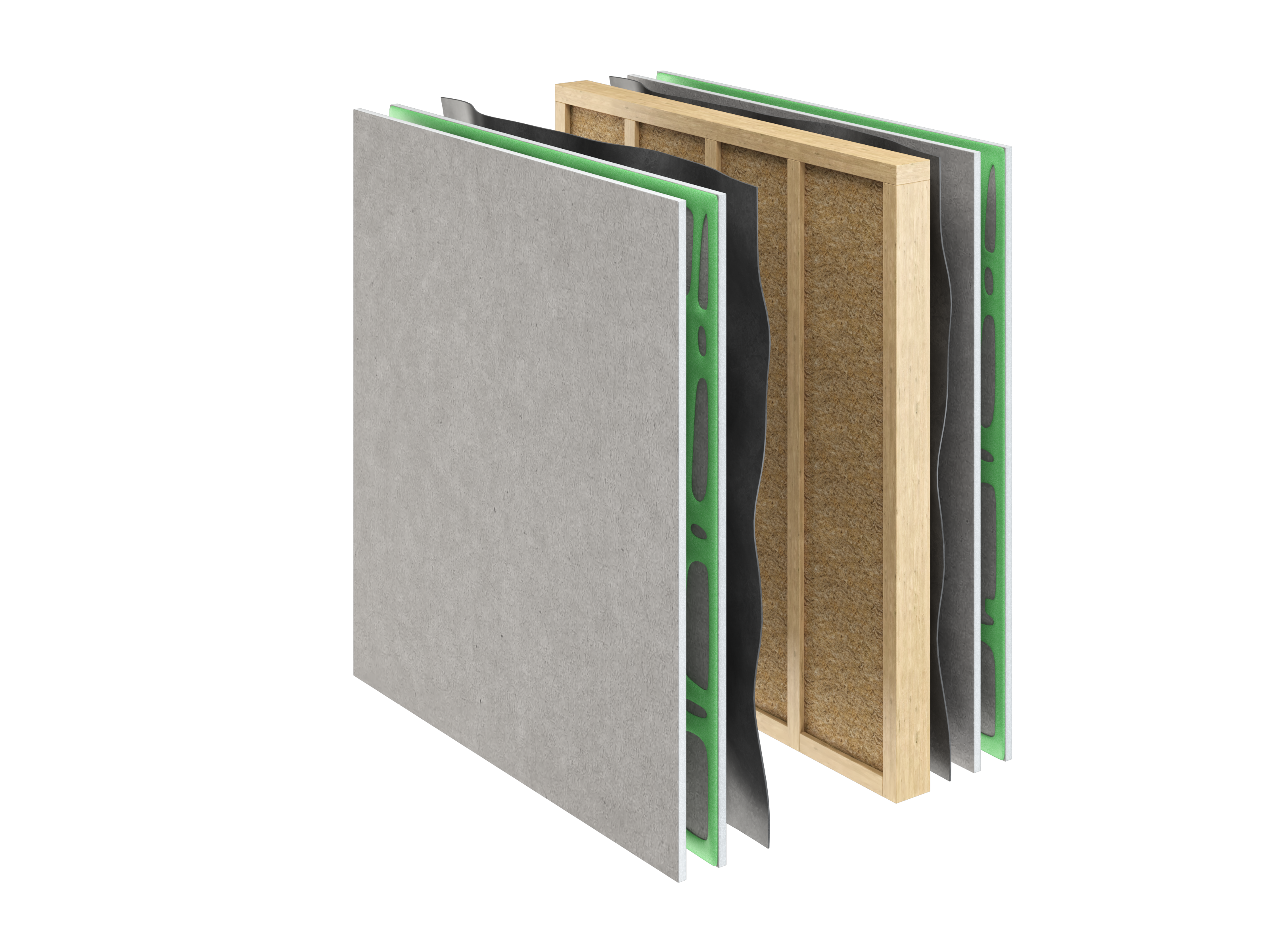 Cutaway wall assembly diagram: wood studs with MLV and Green Glue on both sides