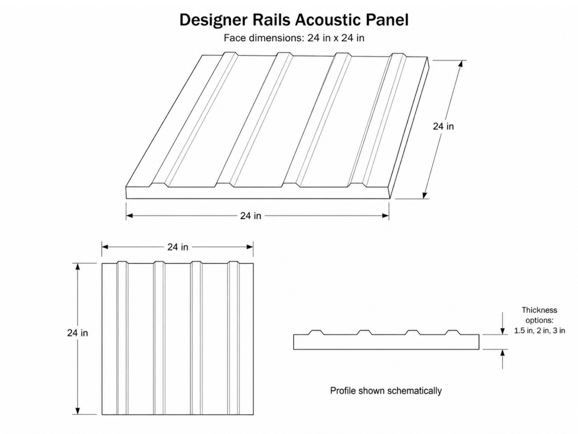 Designer Rails Acoustic Panel dimensional drawing — 24" × 24" front view with side profile showing 1.5", 2", and 3" thickness options