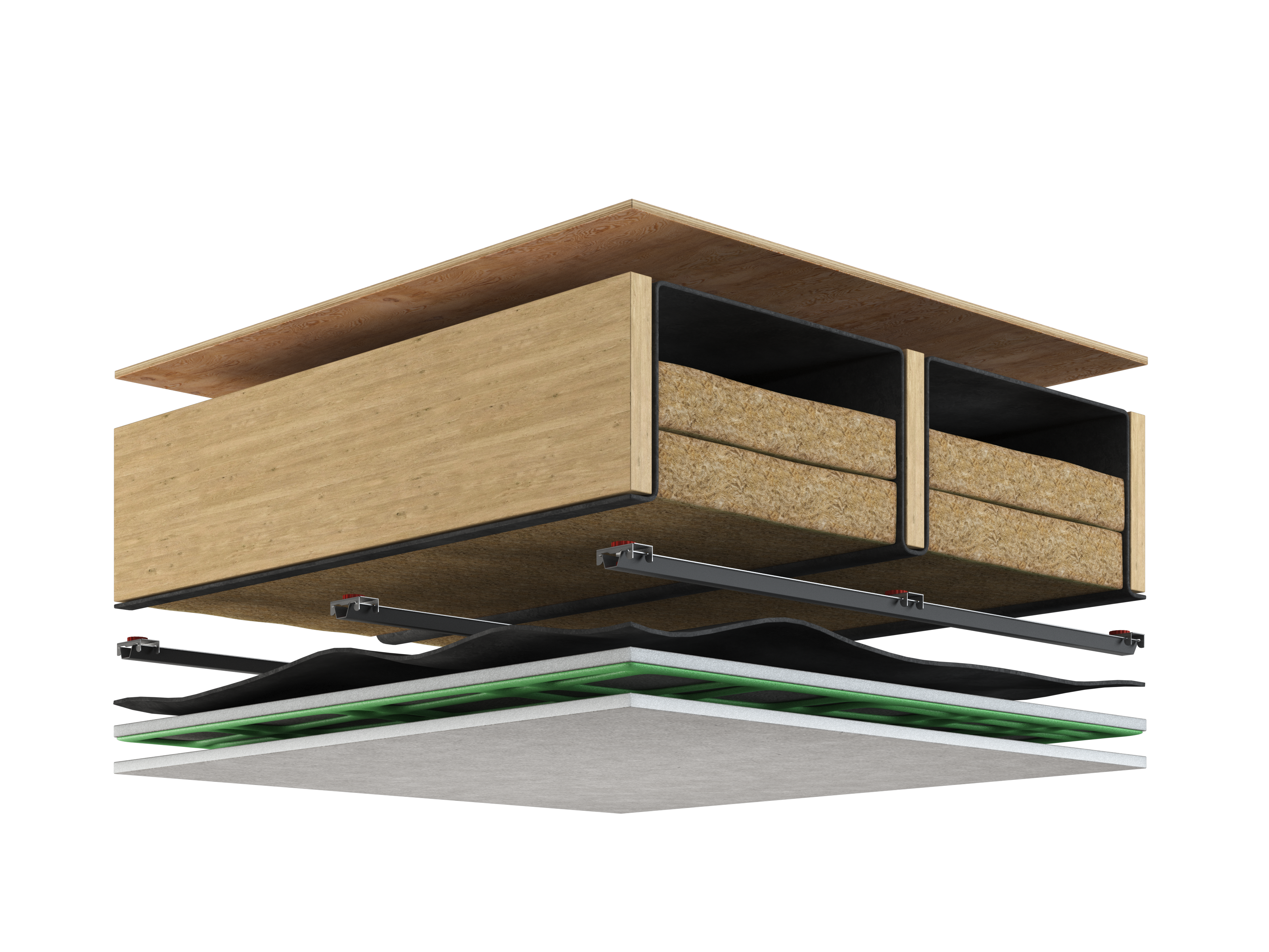 Cutaway ceiling assembly diagram with MLV wrapped between the joists, plywood, Rockwool and clip mounted damped drywall