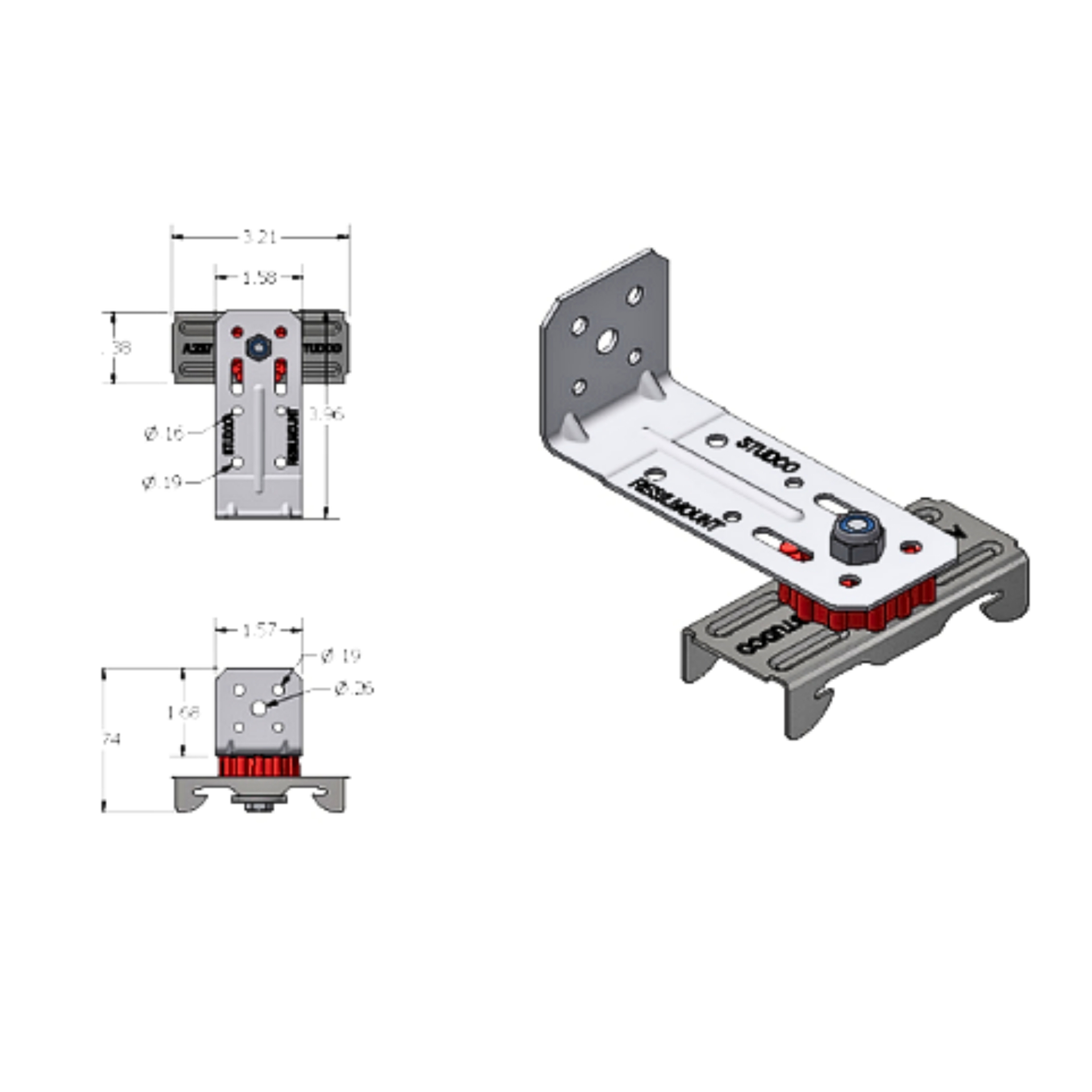 Resilmount A106R dimensioned spec drawing — 3.21 in x 3.96 in footprint with 1.57 in width and 1.66 in height.