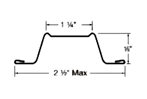 25-gauge hat furring channel dimensioned drawing — 1 1/4 in top face, 2 1/2 in max bottom width, 7/8 in depth, 12 ft length, hemmed edge.