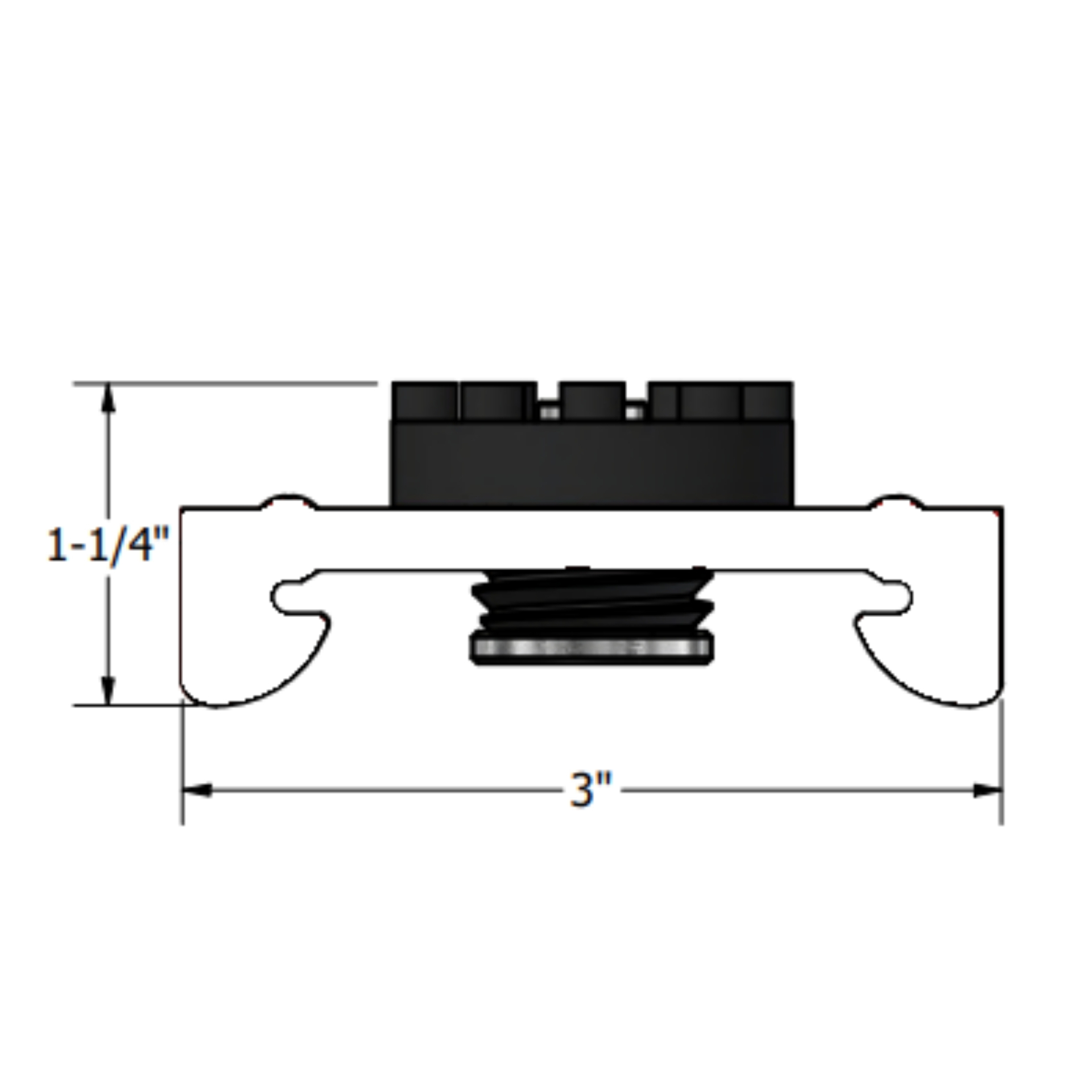 PAC International RSIC-1 clip technical drawing — dimensioned side view showing 1 1/4 in width and 3 in length with molded rubber isolator and steel base pin.