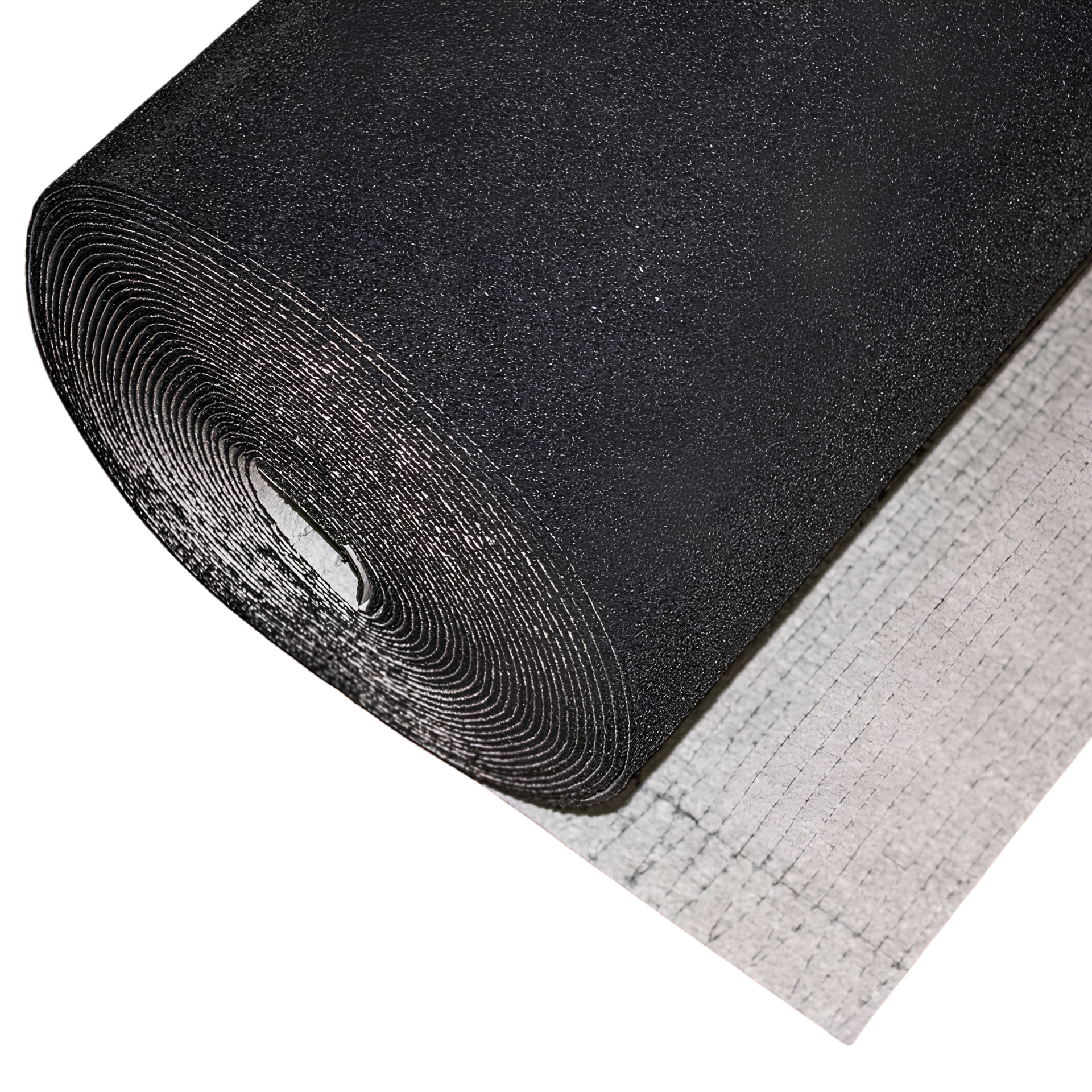 Dura 3.5mm Dura-Son acoustic underlayment roll — black recycled-rubber roll partially unrolled over its light scrim backing on white background.