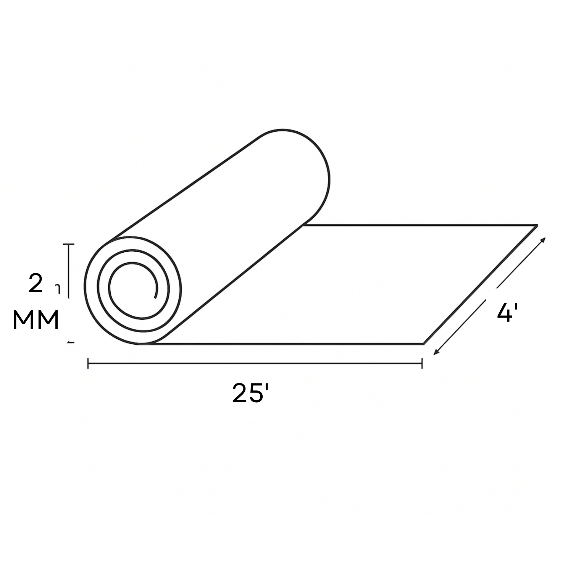Dura 2mm DuraPad technical drawing — 2 mm thickness by 4 ft × 25 ft (100 sq ft) roll of recycled-rubber acoustic underlay.