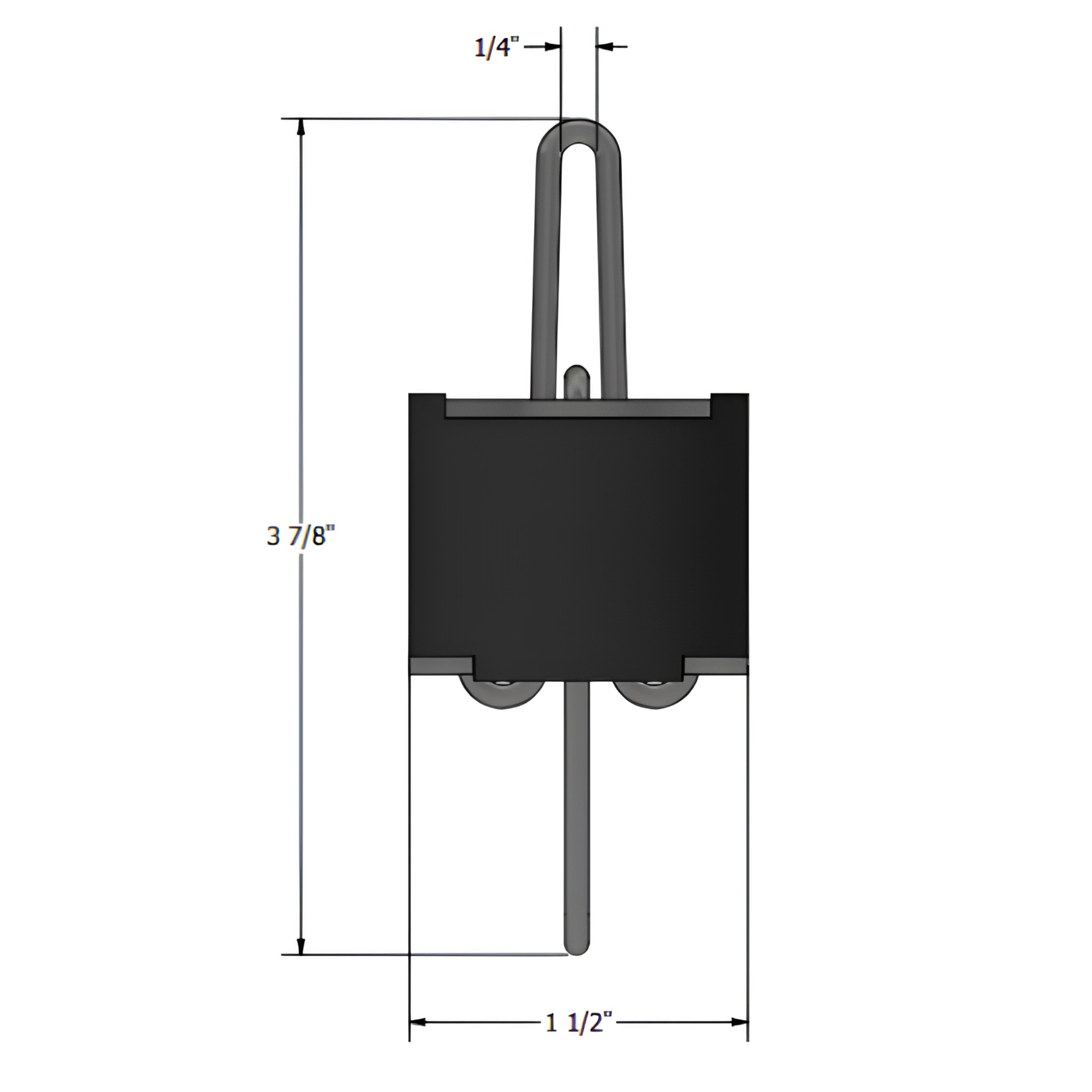 PAC International RSIC-WHI dimensional drawing — front view of the rubber isolator with upper and lower wire loops, dimensioned 3 7/8 in tall, 1 1/2 in wide, with a 1/4 in wire loop dimension.