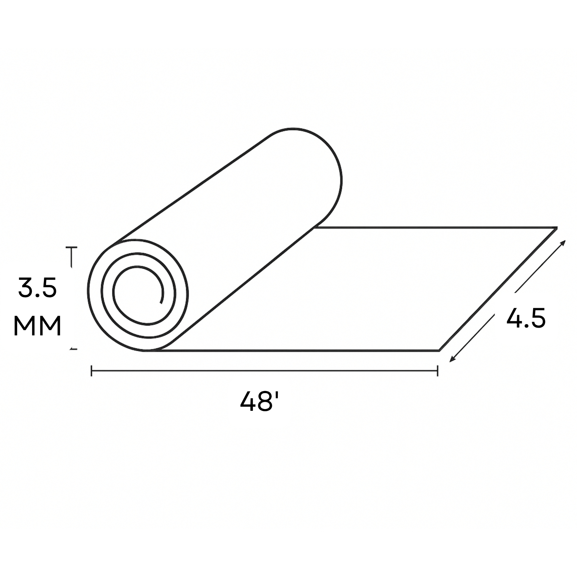 Dura 3.5mm Dura-Son technical drawing — 3.5 mm thickness by 4.5 ft × 48 ft roll of recycled-rubber acoustic underlay.