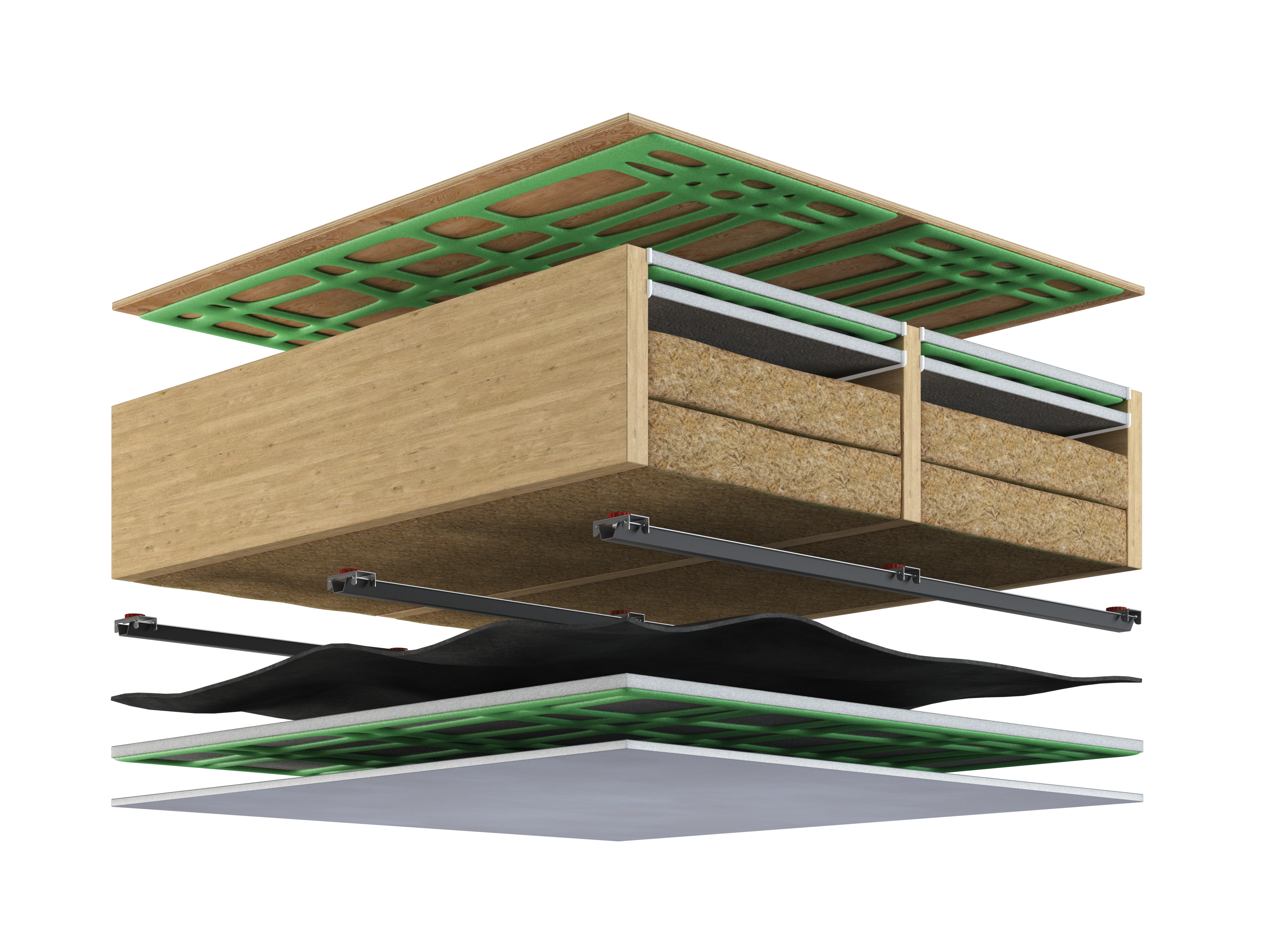 Cutaway ceiling assembly diagram with mass loaded vinyl, A237R clips, Rockwool and Green Glue damped drywall