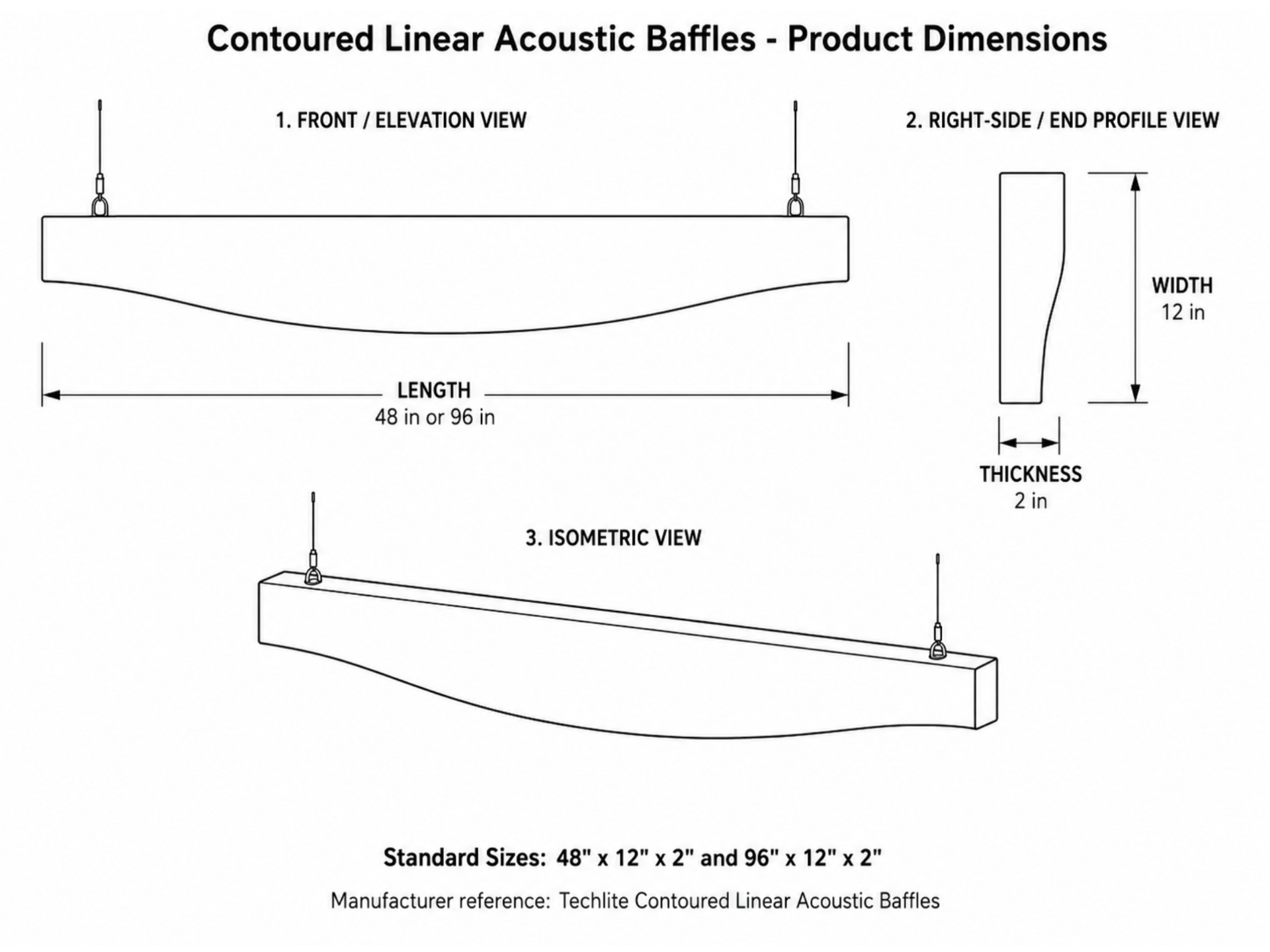 Contoured Linear Acoustic Baffles dimensional drawing — 48" or 96" length, 12" width, 2" thickness with front, end profile, and isometric views