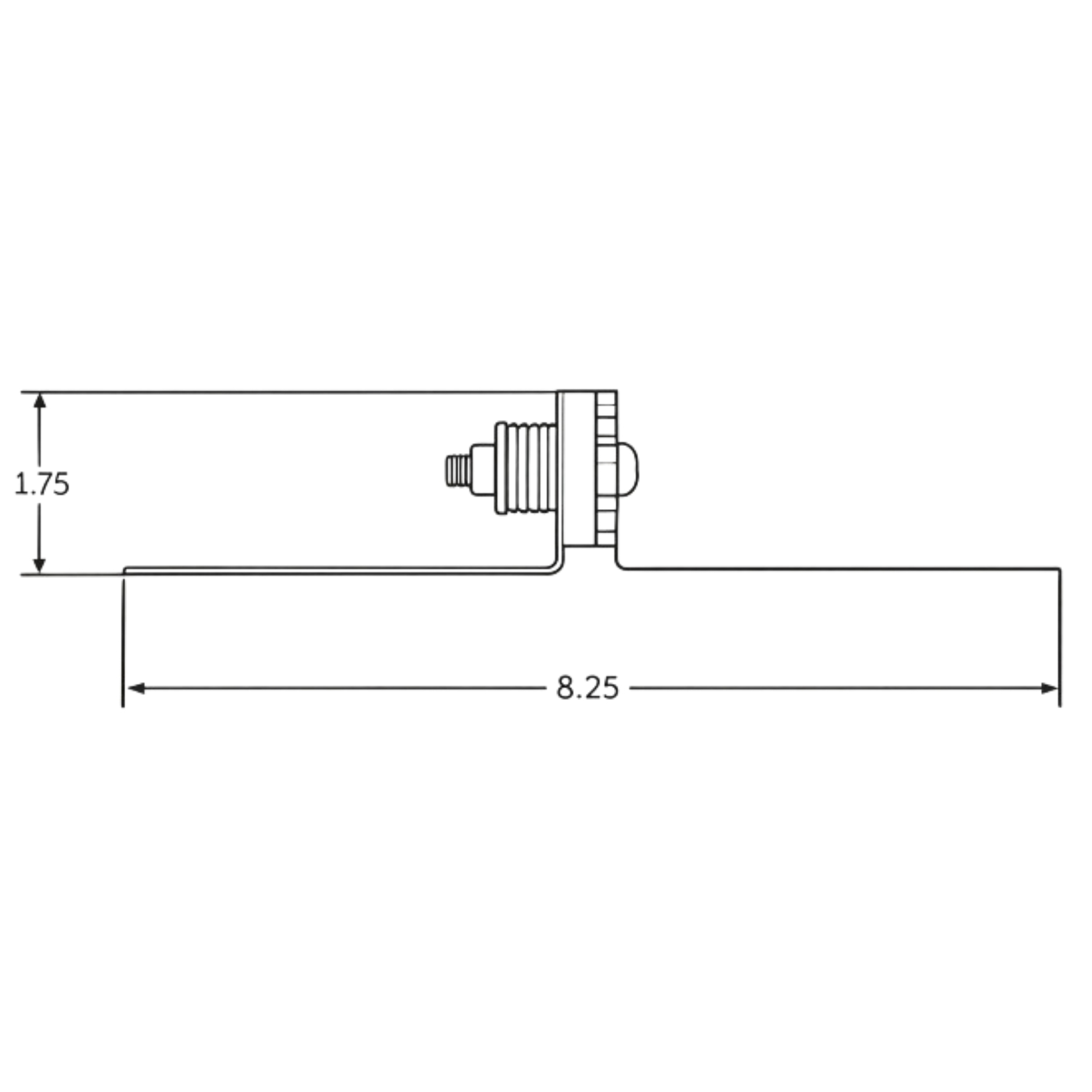 Dimensioned side drawing of the PAC RSIC-CWB brace — 8.25 in overall length across the two mounting wings and 1.75 in height at the central resilient isolator.