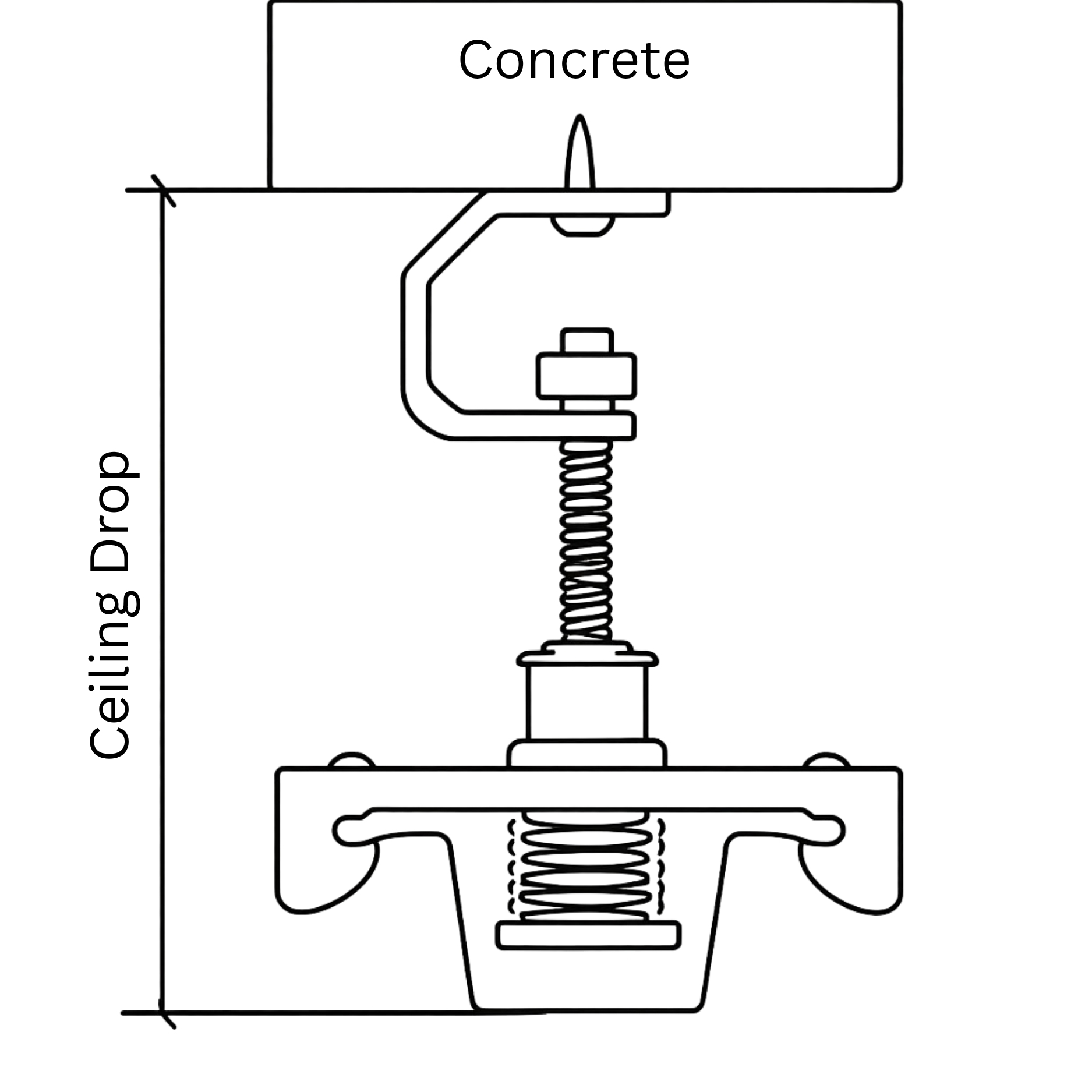 Section drawing of the PAC RSIC-SI-X ADM Multi Clip hung from a concrete deck — pin-driven bracket, threaded rod, coil spring and rubber isolator above the clip body gripping a furring channel, with the ceiling drop dimensioned.