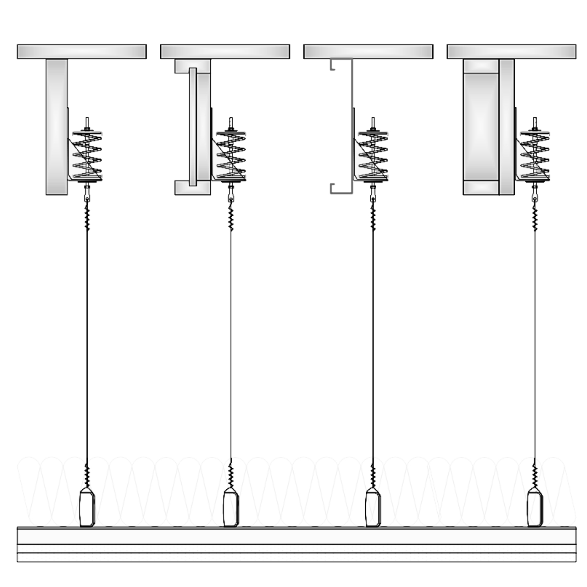 Section drawing of four RSIC-SI-WHI mounting conditions — wood joist, I-joist, steel joist and built-up framing — each with a spring hanger, hanger wire and suspended gypsum ceiling below.