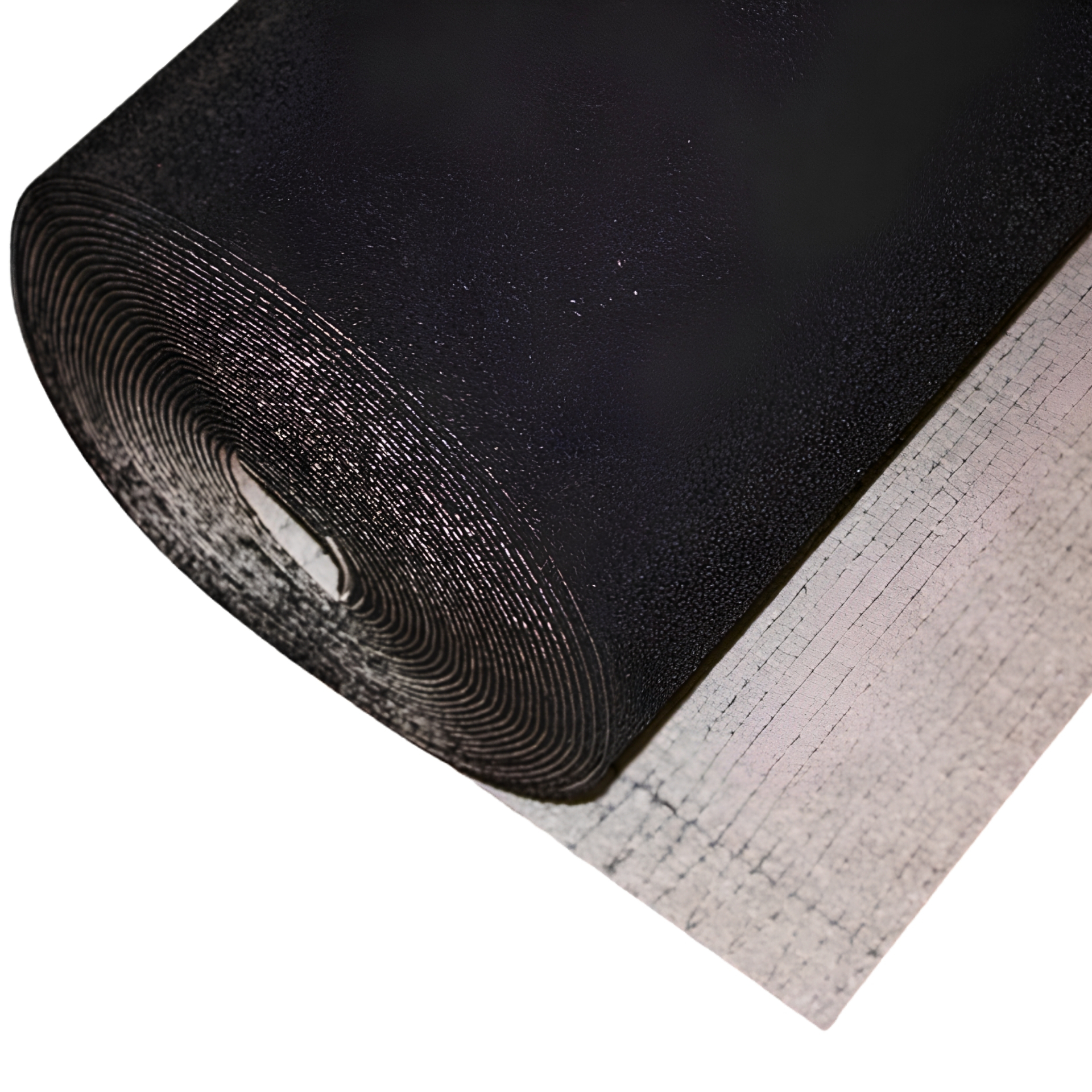 Dura 2mm DuraPad acoustic underlayment roll — black recycled-rubber roll edge with fabric-scrim backing on white background.