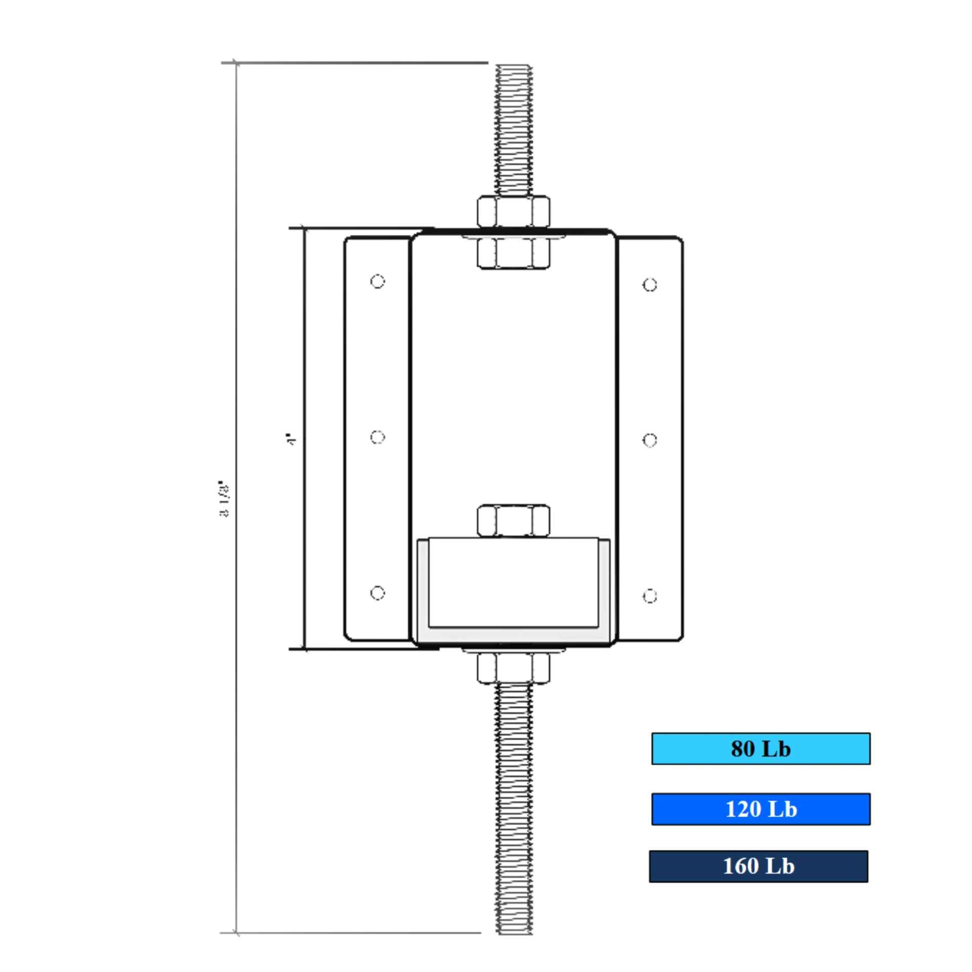 PAC International RSIC-ADAPT dimensional drawing showing the 4 in isolator body on a threaded suspension rod, with the light blue 80 lb, blue 120 lb and dark blue 160 lb design-load versions.