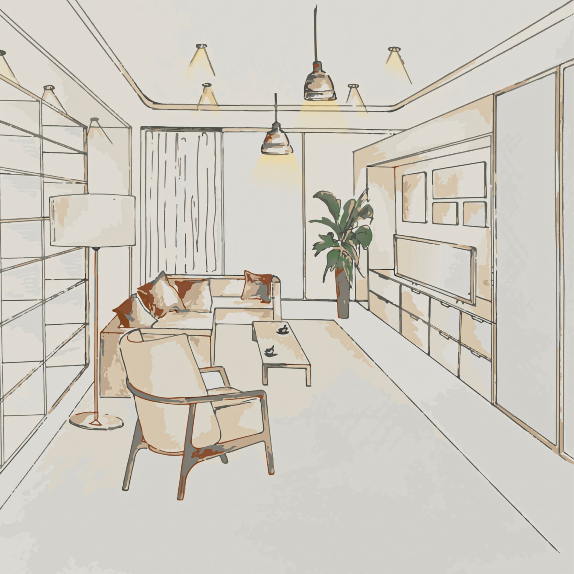 Hand-drawn interior sketch of a living room with lighting and furniture — acoustic room mapper.