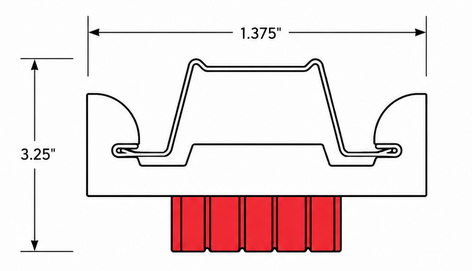 Resilmount A237R clip dimensioned drawing — 1.375 in wide × 3.25 in tall, showing the steel bracket profile and red thermoplastic rubber sound cell.