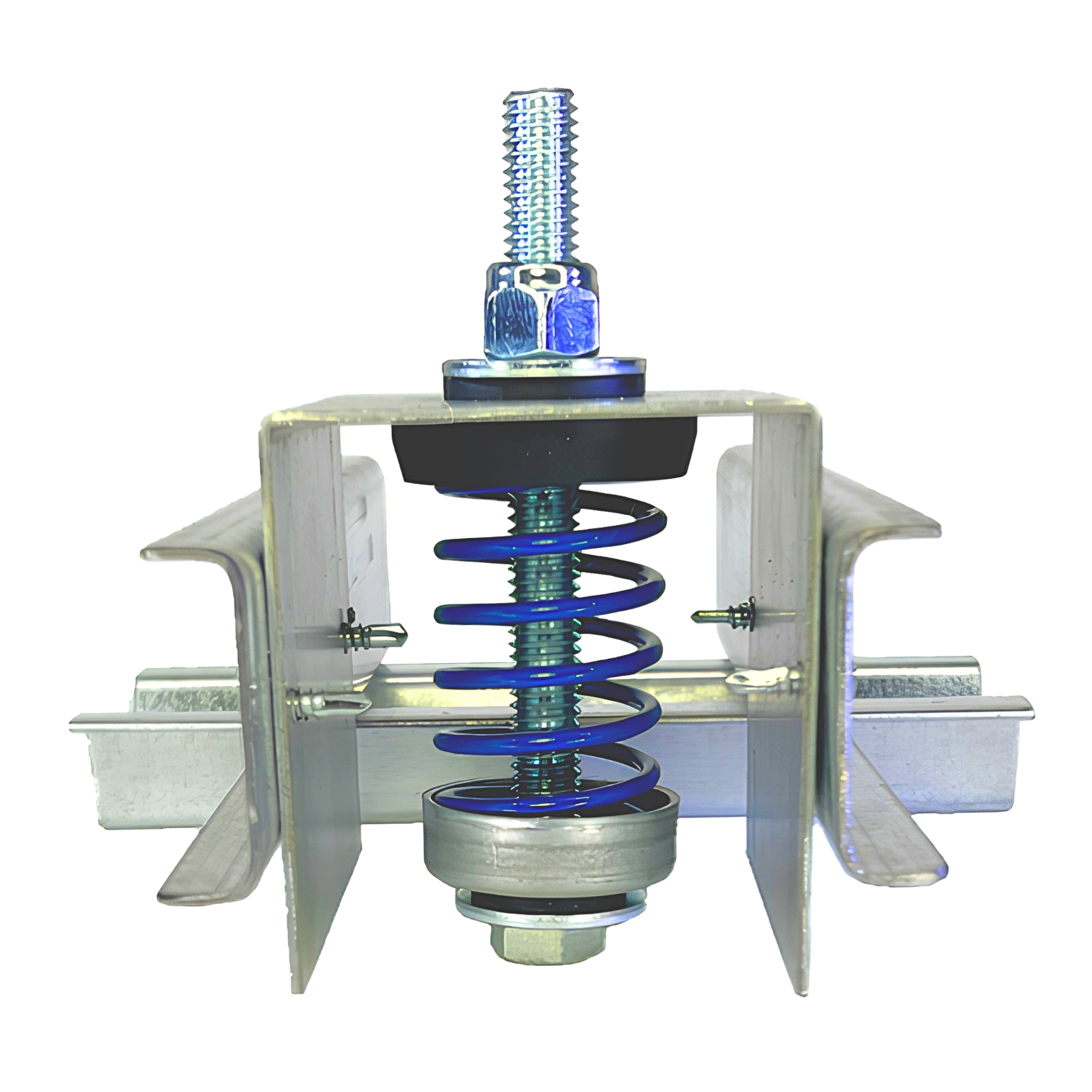 PAC International RSIC-SI-CRC2 LP ceiling spring hanger — front view of the low-profile steel housing, calibrated coil spring and threaded stud for a concrete drop-in anchor.