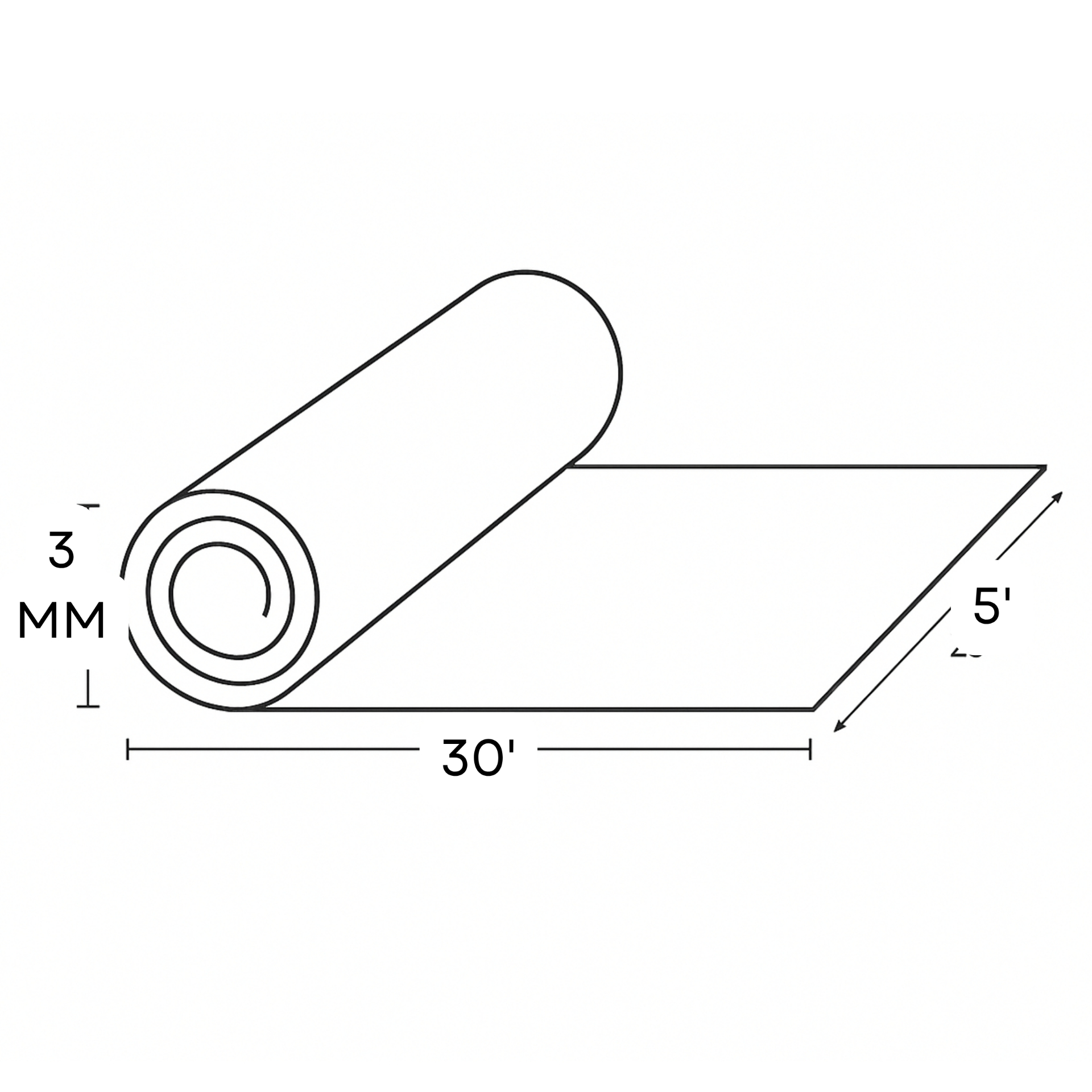 Dura 3mm DuraQuiet technical drawing — 3 mm thickness by 5 ft × 30 ft (150 sq ft) roll of recycled-rubber acoustic underlay.
