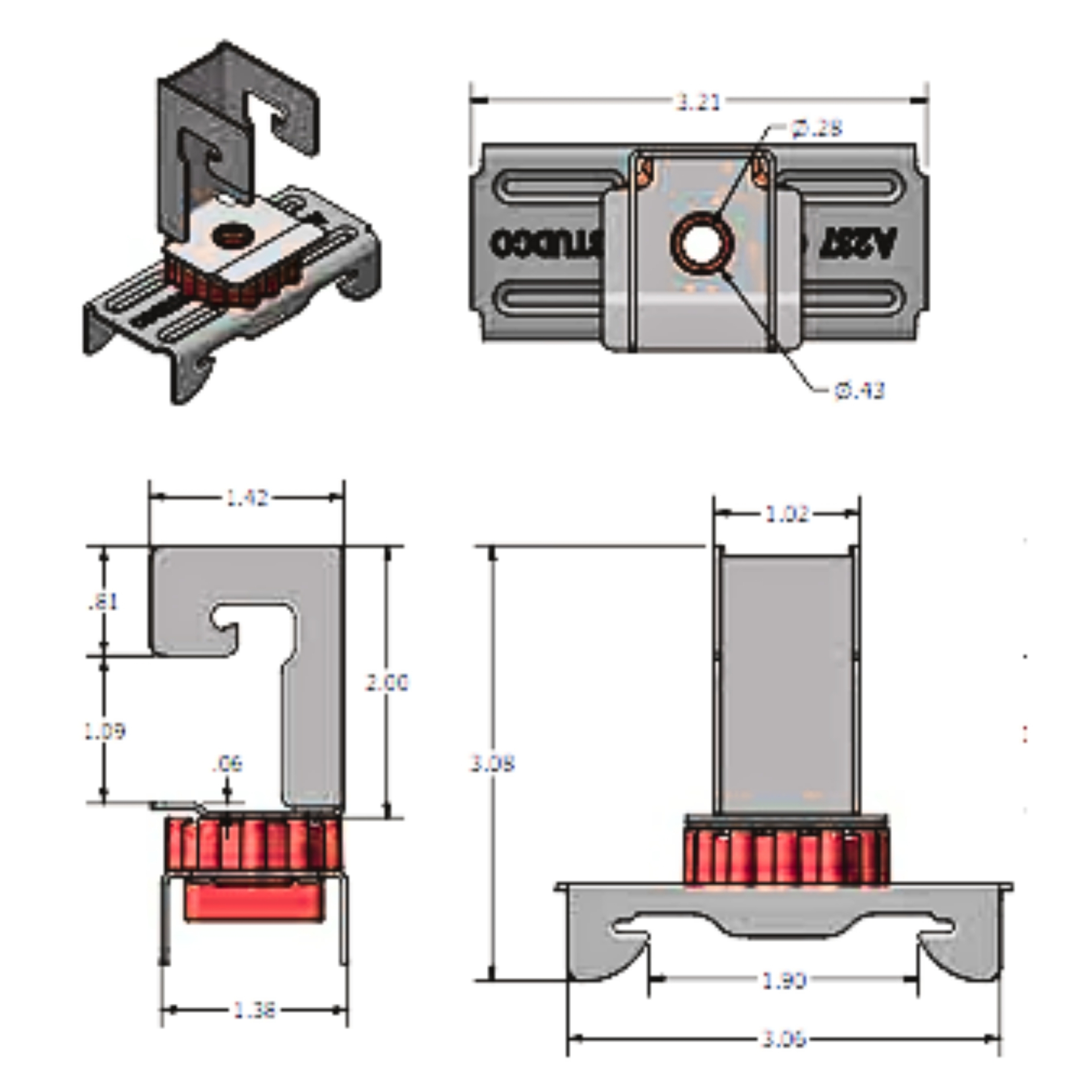 Resilmount A237CR dimensioned technical drawing showing the clip body, channel opening and rubber isolator with the manufacturer's dimension call-outs.