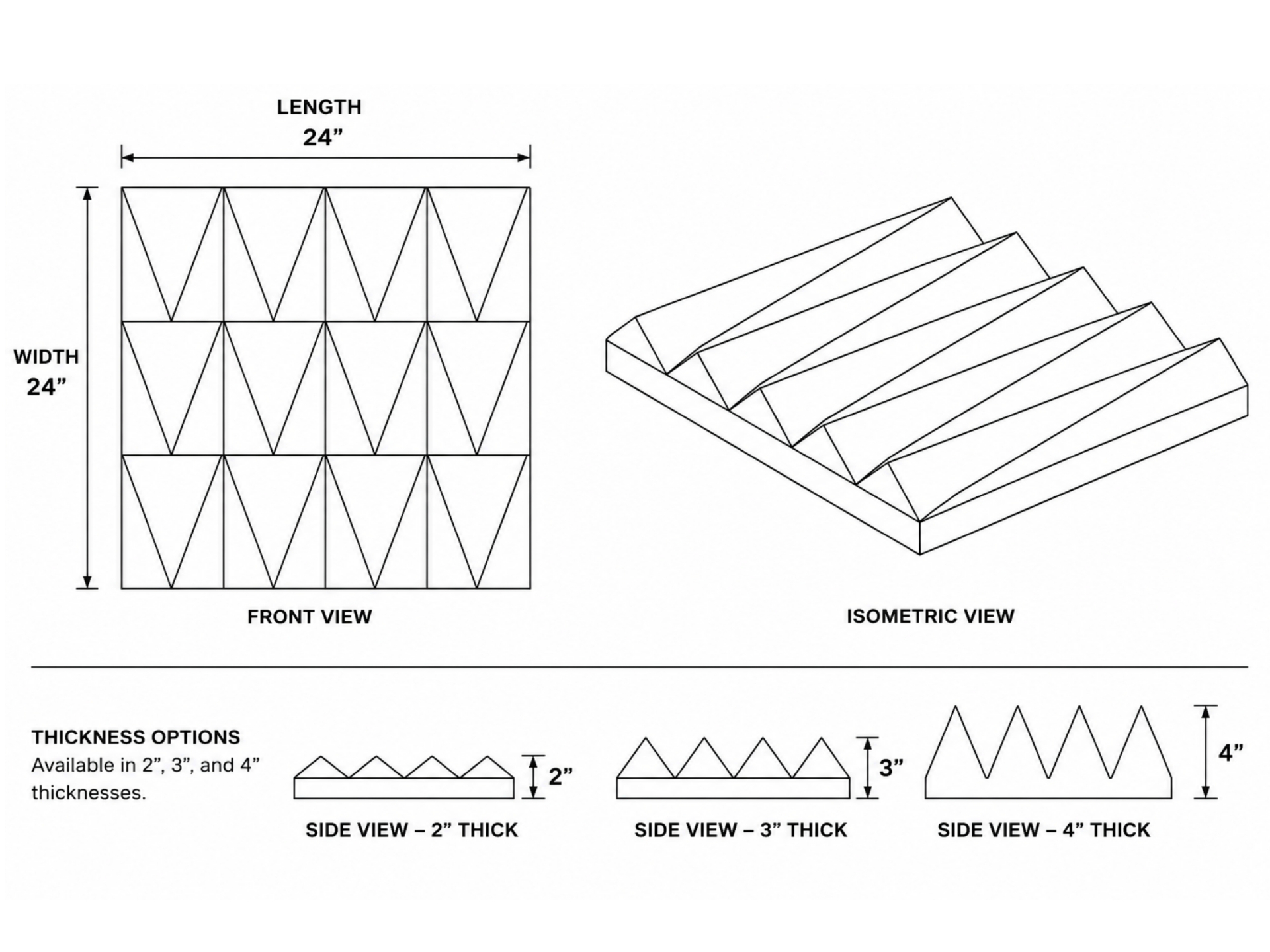 Triangular Wedge Acoustic Panel dimensional drawing — 24" × 24" front view with side profiles showing 2", 3", and 4" thickness options