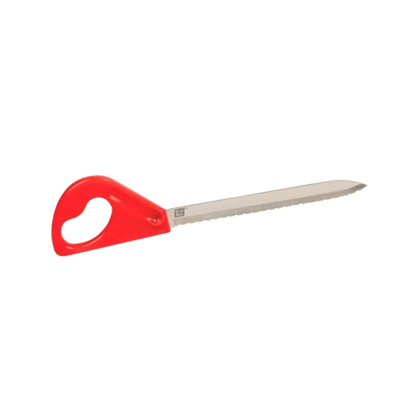 Grip-Rite Stone Wool Knife — serrated fixed-blade insulation knife with red handle for cutting Rockwool batts.