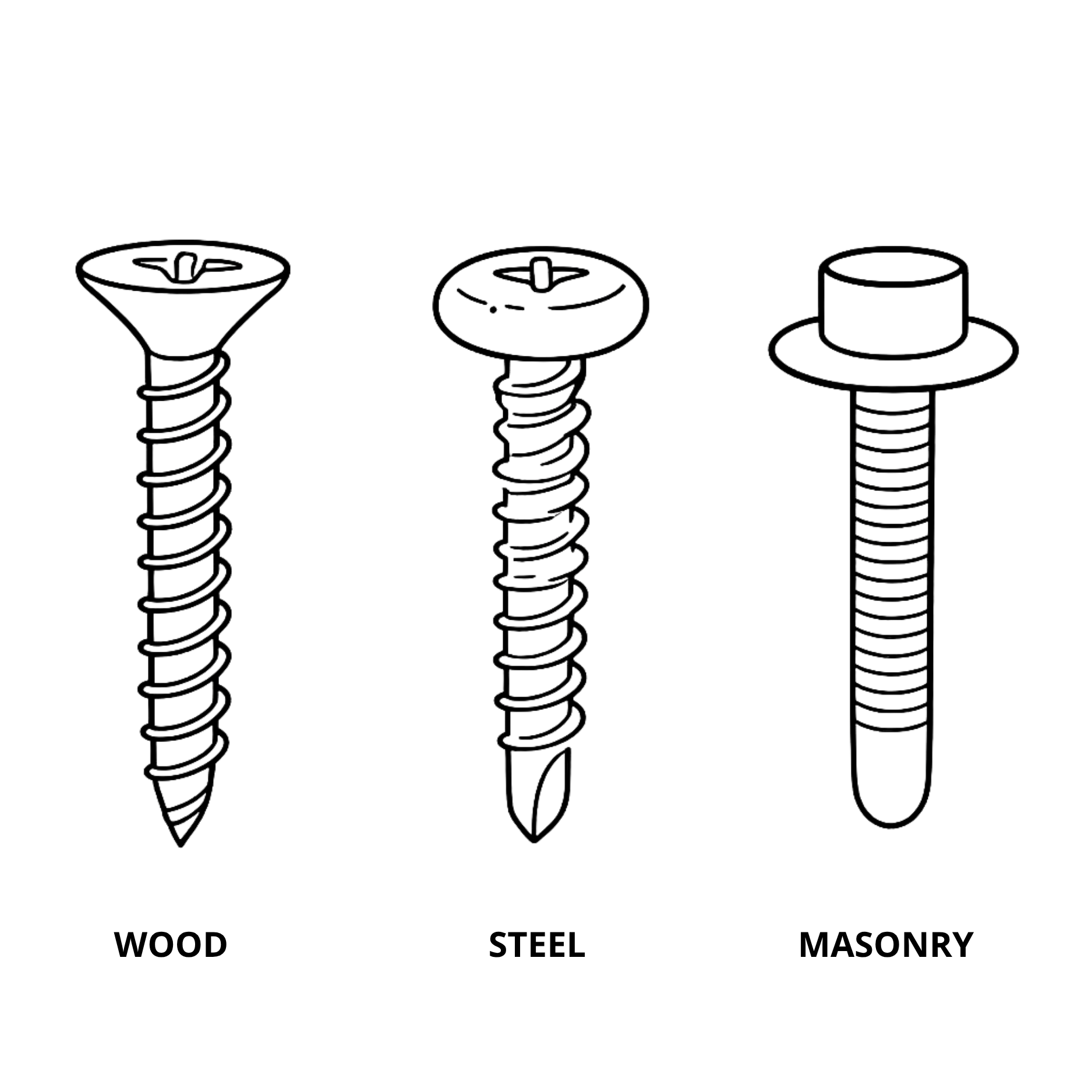 A24R fastener types — line drawings of a wood screw, self-tapping steel screw, and masonry sleeve anchor labeled WOOD, STEEL, and MASONRY.