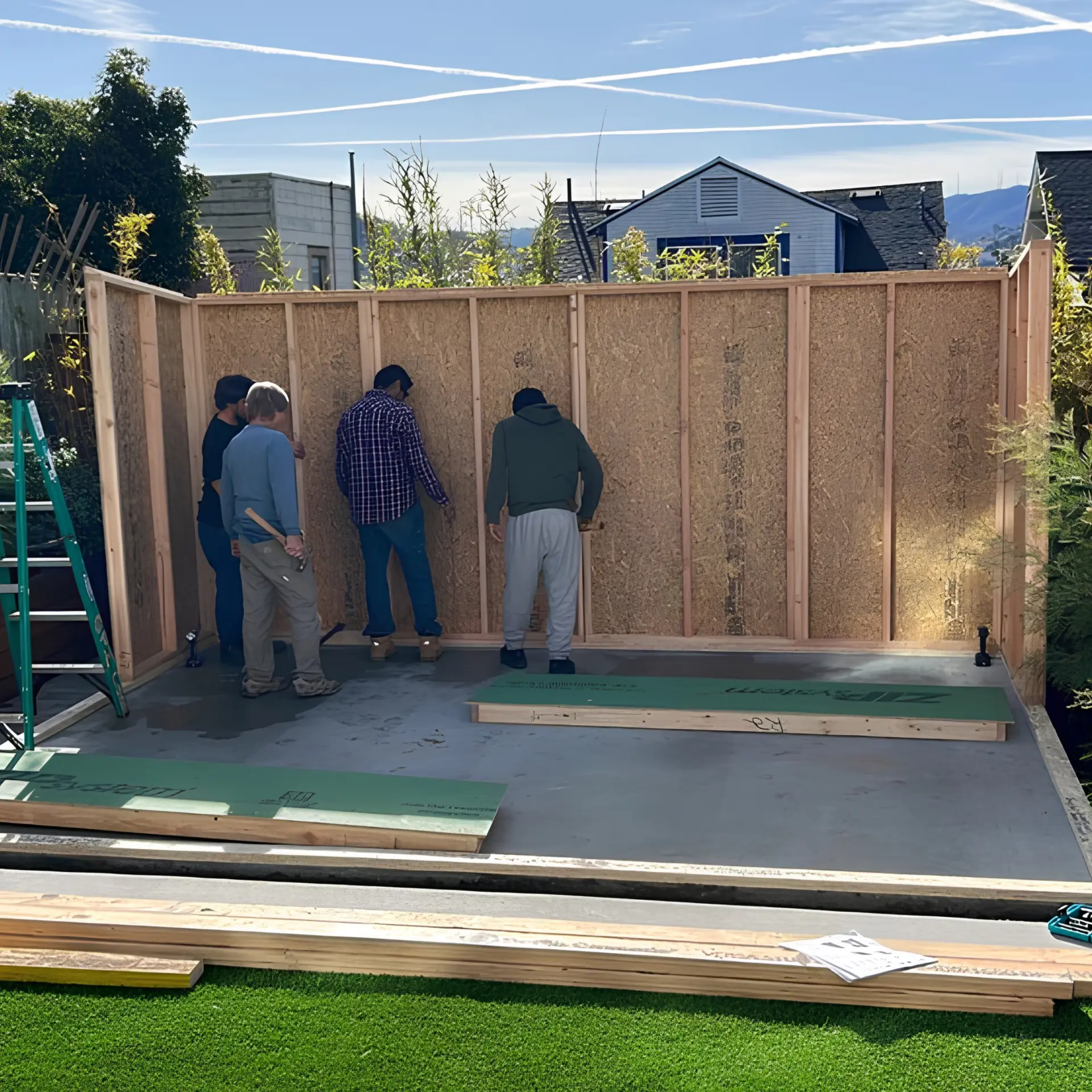 Crew framing the soundproof backyard music studio shed on a fresh concrete pad before insulation and drywall