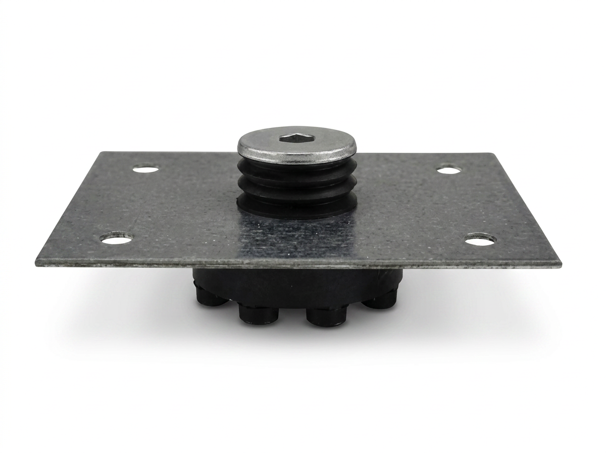 PAC International RSIC-U resilient wall-plate anchor — front product view of the square steel mounting plate with its central rubber-isolated ferrule.