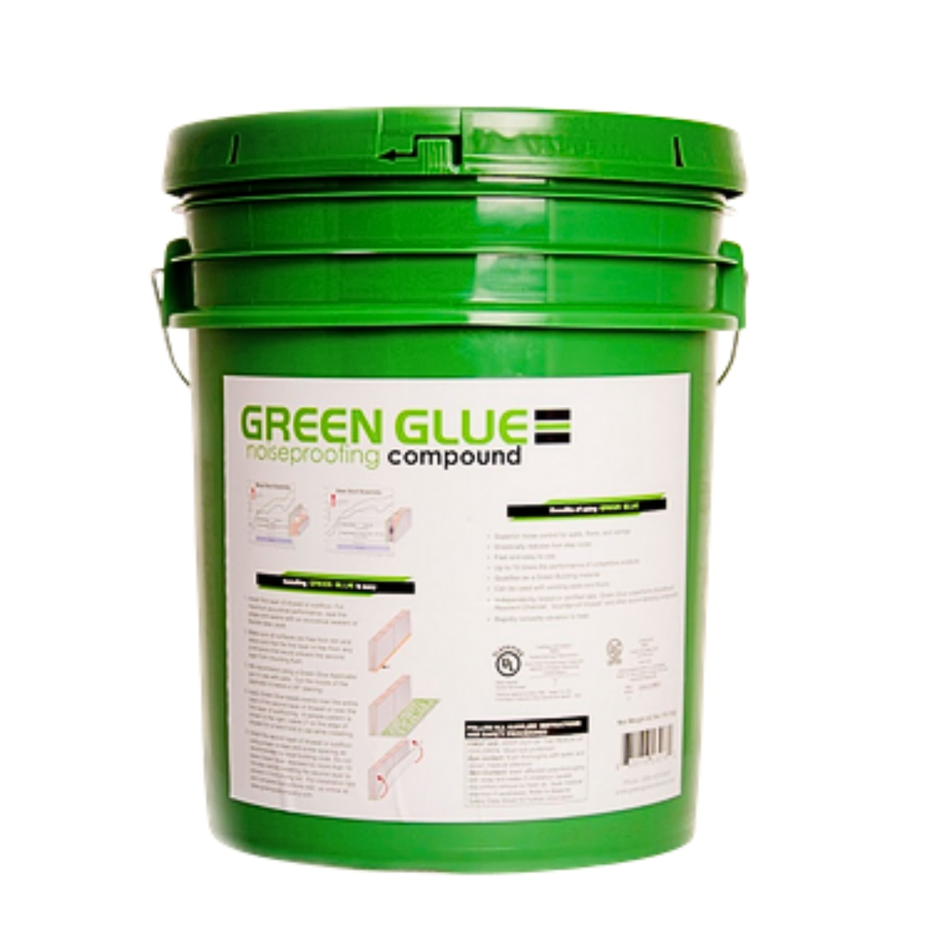 Green Glue Noiseproofing Compound 5-gallon bucket — bulk viscoelastic constrained-layer damping compound for high-volume drywall-to-drywall wall and ceiling assemblies with a follower plate and bulk-loading gun.
