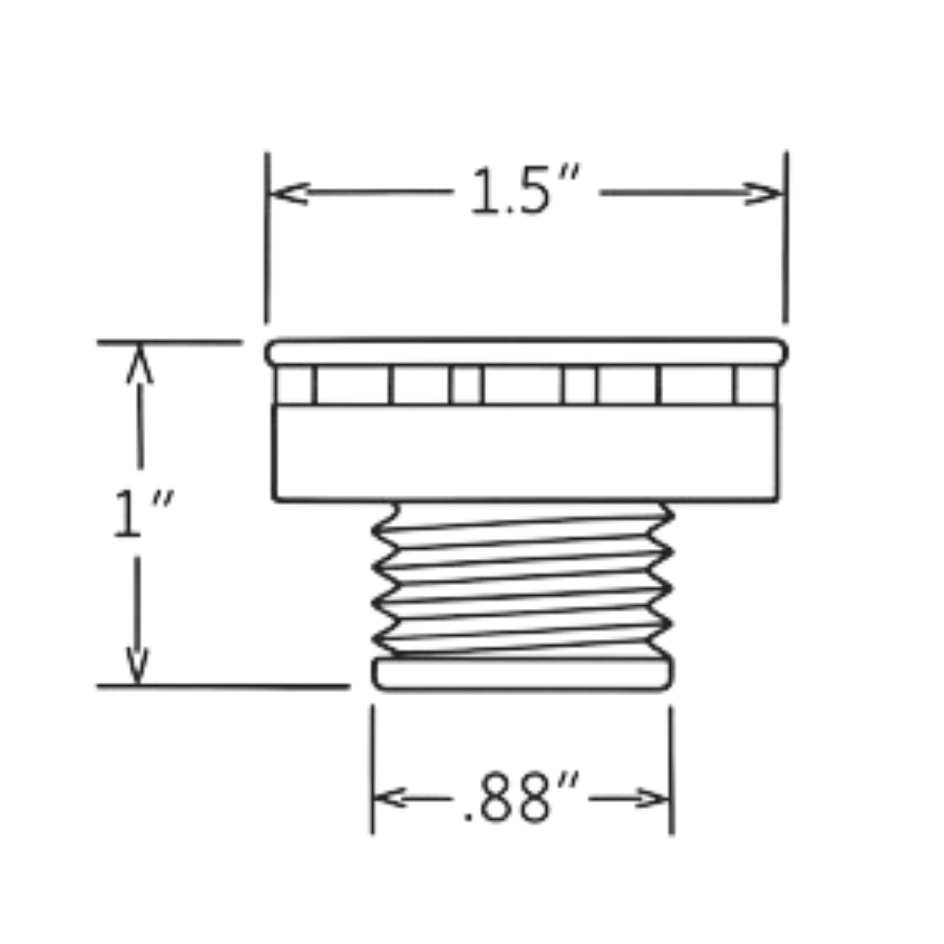 Dimensioned drawing of the PAC RSIC-WFI wall frame isolator — 1.5 in diameter flanged head, 1 in overall height and a 0.88 in diameter threaded body.