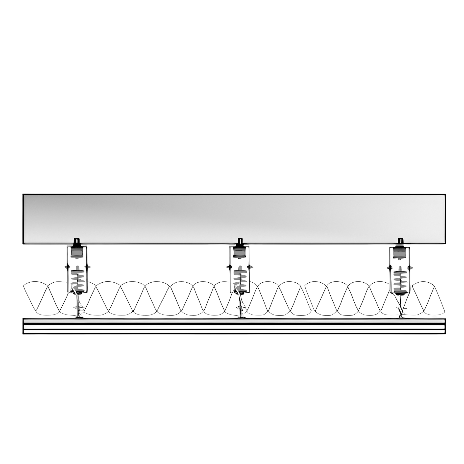 Section view of a ceiling built with RSIC-SI-FF-BRC EZ isolators hung from the deck above, insulation in the cavity, and the carrier and furring channels supporting the gypsum below.