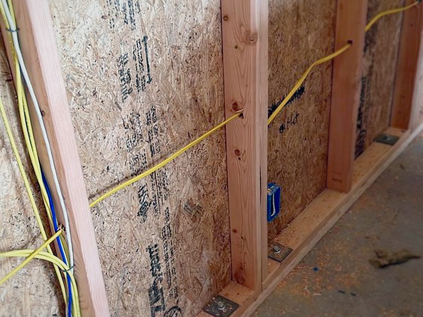 Electrical rough-in inside the soundproof studio shed with wiring runs and blue boxes on OSB sheathed stud walls