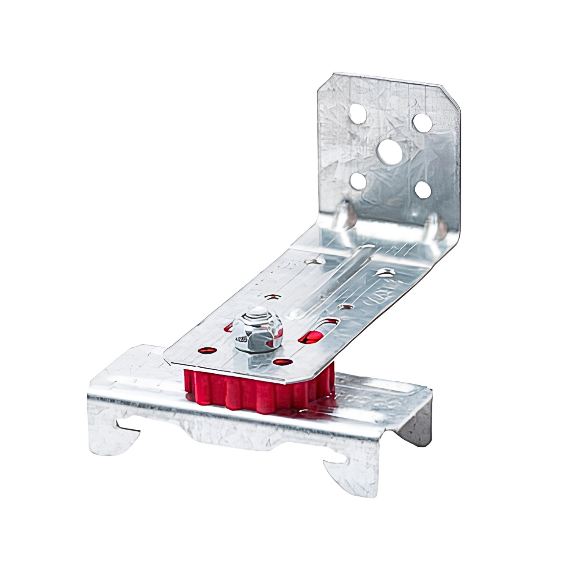 Resilmount A106R low-profile resilient ceiling clip — front hero view showing galvanized bracket with red rubber isolator.
