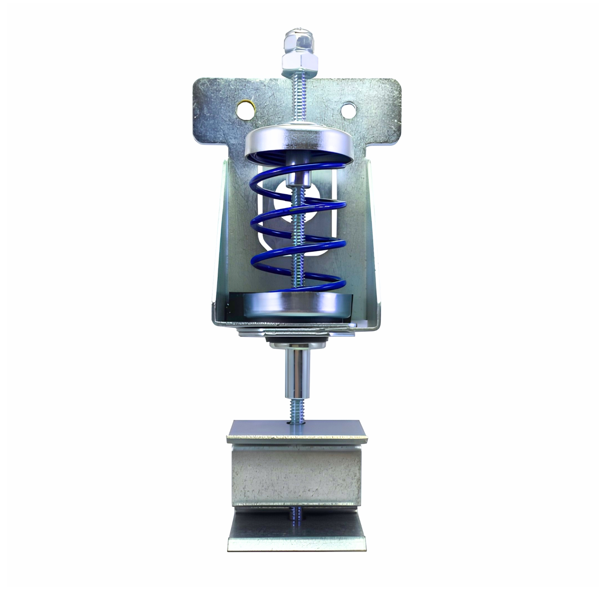 PAC International RSIC-SI-CRC EZ ceiling spring isolation hanger — front view of the steel mounting bracket, coil spring and lower EZ clip that receives cold-rolled carrier channel.