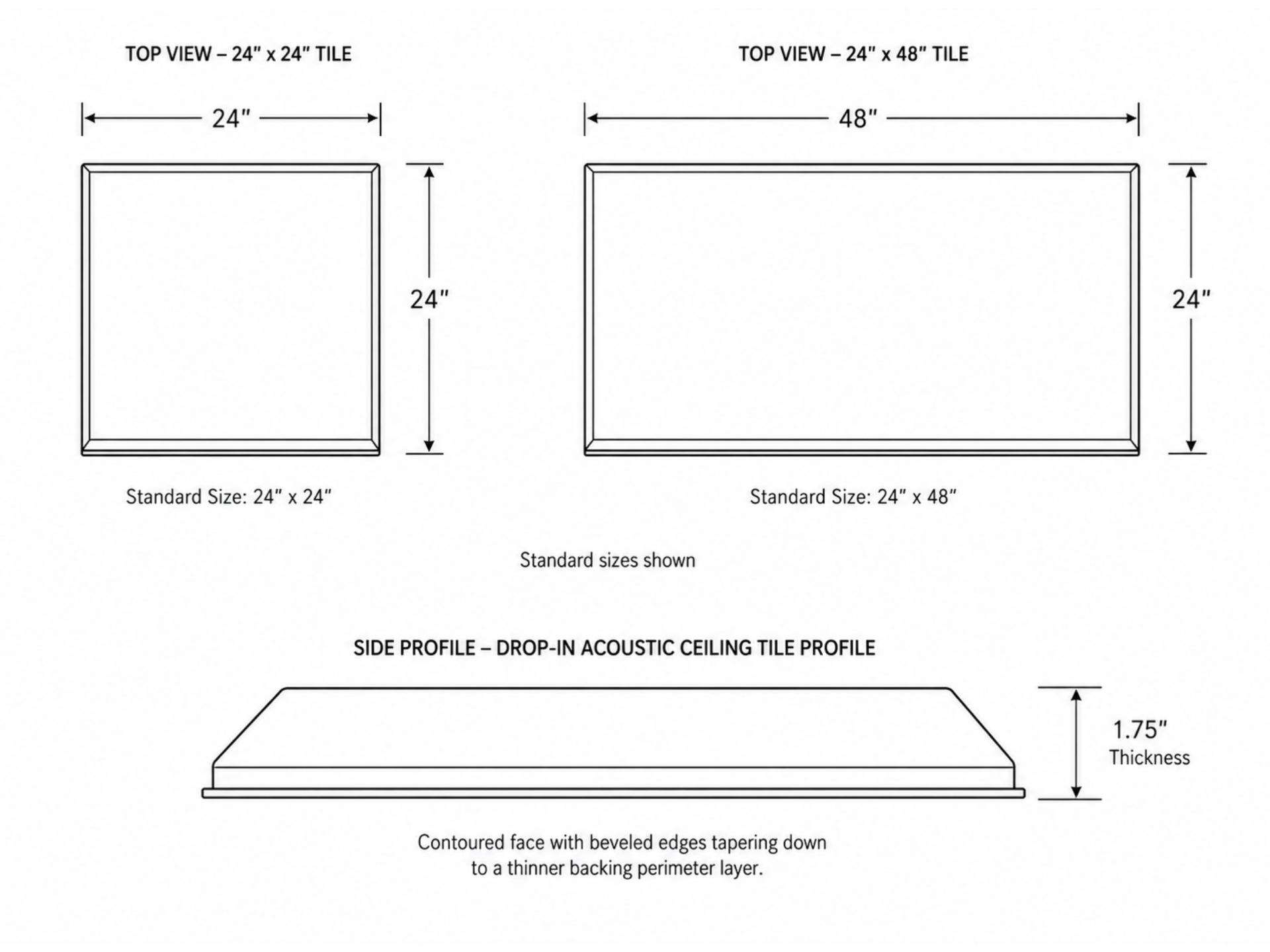 High-CAC Acoustic Ceiling Tile dimensional drawing — 24" × 24" and 24" × 48" drop-in tiles with 1.75" contoured beveled profile