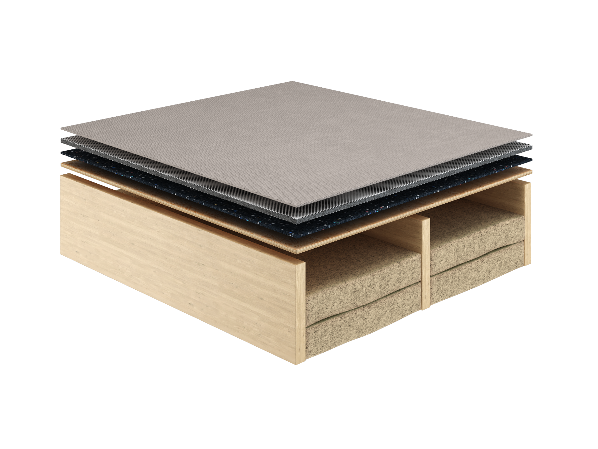 Cutaway of a floor underpadding assembly — floating plywood layer over dense recycled-rubber underpad on a structural subfloor above joists.