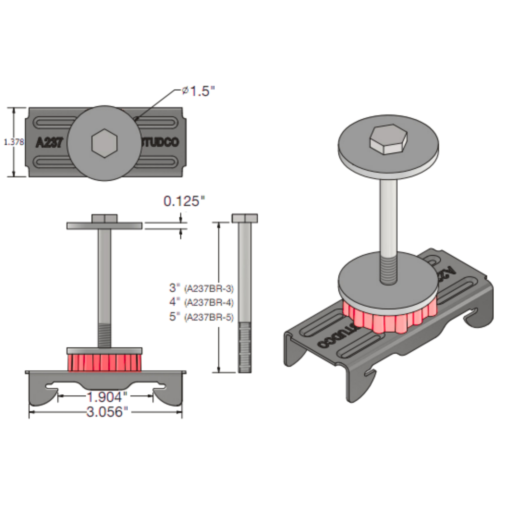 Resilmount A237BR dimensioned technical drawing showing the 1.378 in width, 3.056 in length, 1.5 in diameter rubber mount and the 3, 4 and 5 in bolt options for A237BR-3, -4 and -5.