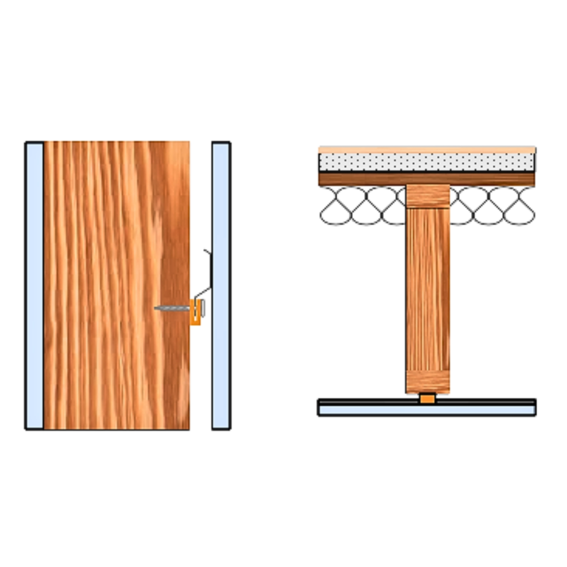 Section views of RC-1 BOOST in use — an isolated channel attachment on a wall stud and the same detail in a wood-framed ceiling assembly.