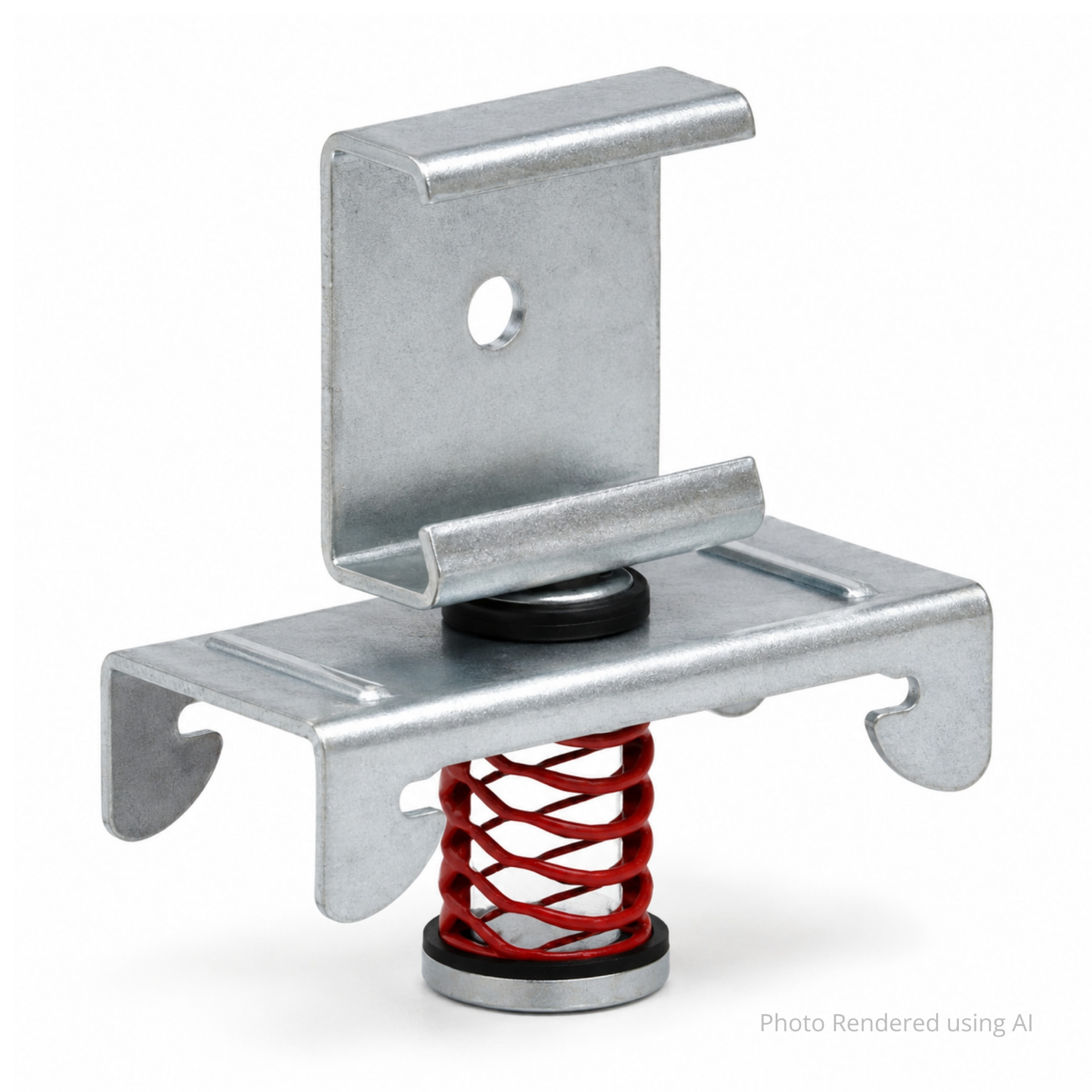 PAC International RSIC-SI-X 1.5 CRC ceiling isolation clip — steel body with red coil spring and rubber isolator, product view on a white background.