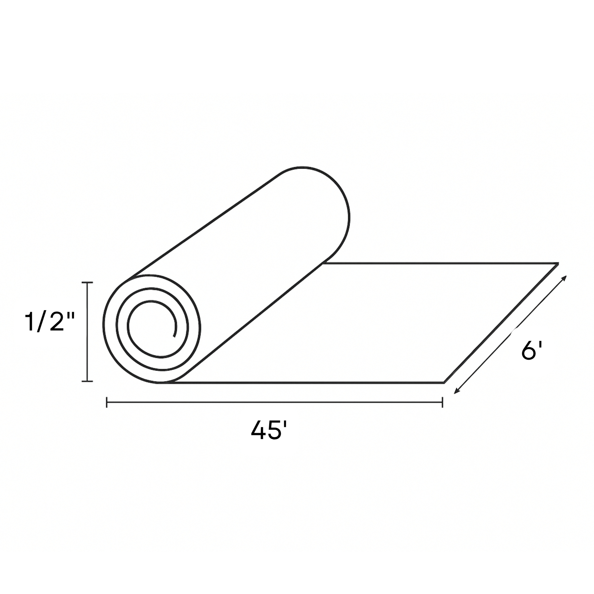 Superpad roll dimensions drawing — 45 ft length, 6 ft width, 1/2 inch thickness.