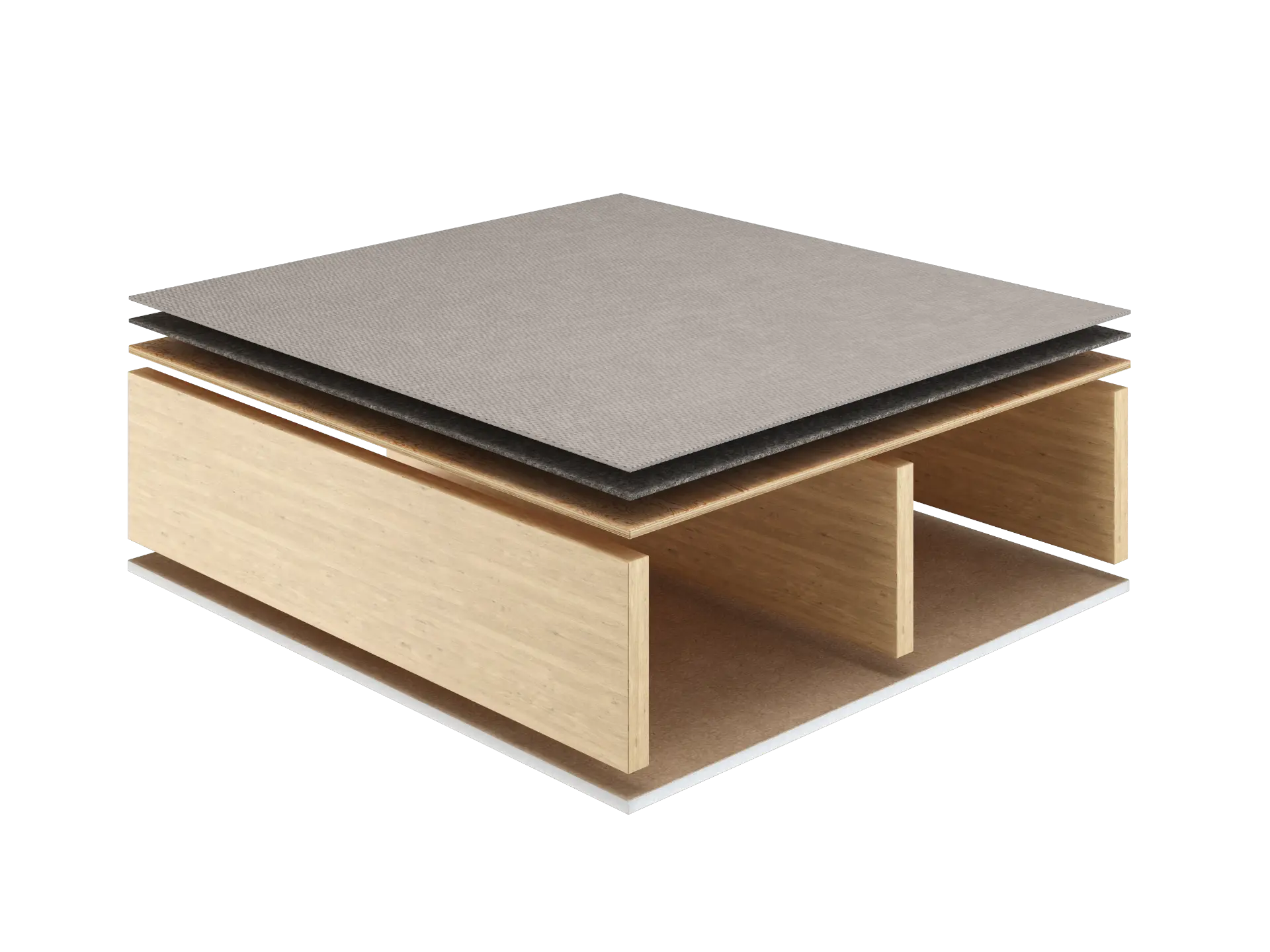 Cutaway soundproof floor assembly diagram showing plywood subfloor, Super Pad cushion, and carpet over open floor joists