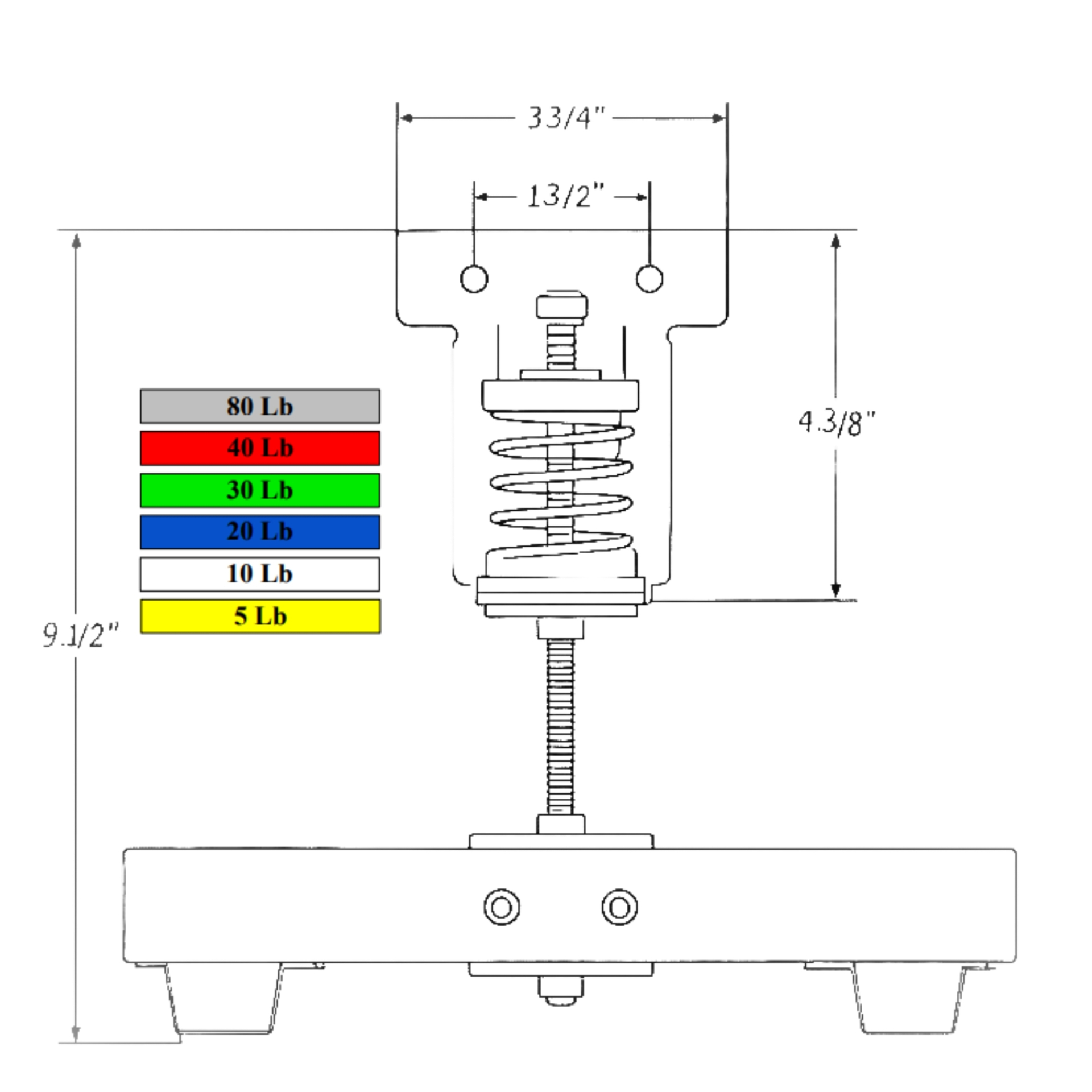PAC International RSIC-SI-CRC EZ loaded-height dimensional drawing — 9 1/2 in overall loaded height, 3 1/2 in upper bracket, 1 3/4 in hole spacing and 4 3/8 in spring housing.