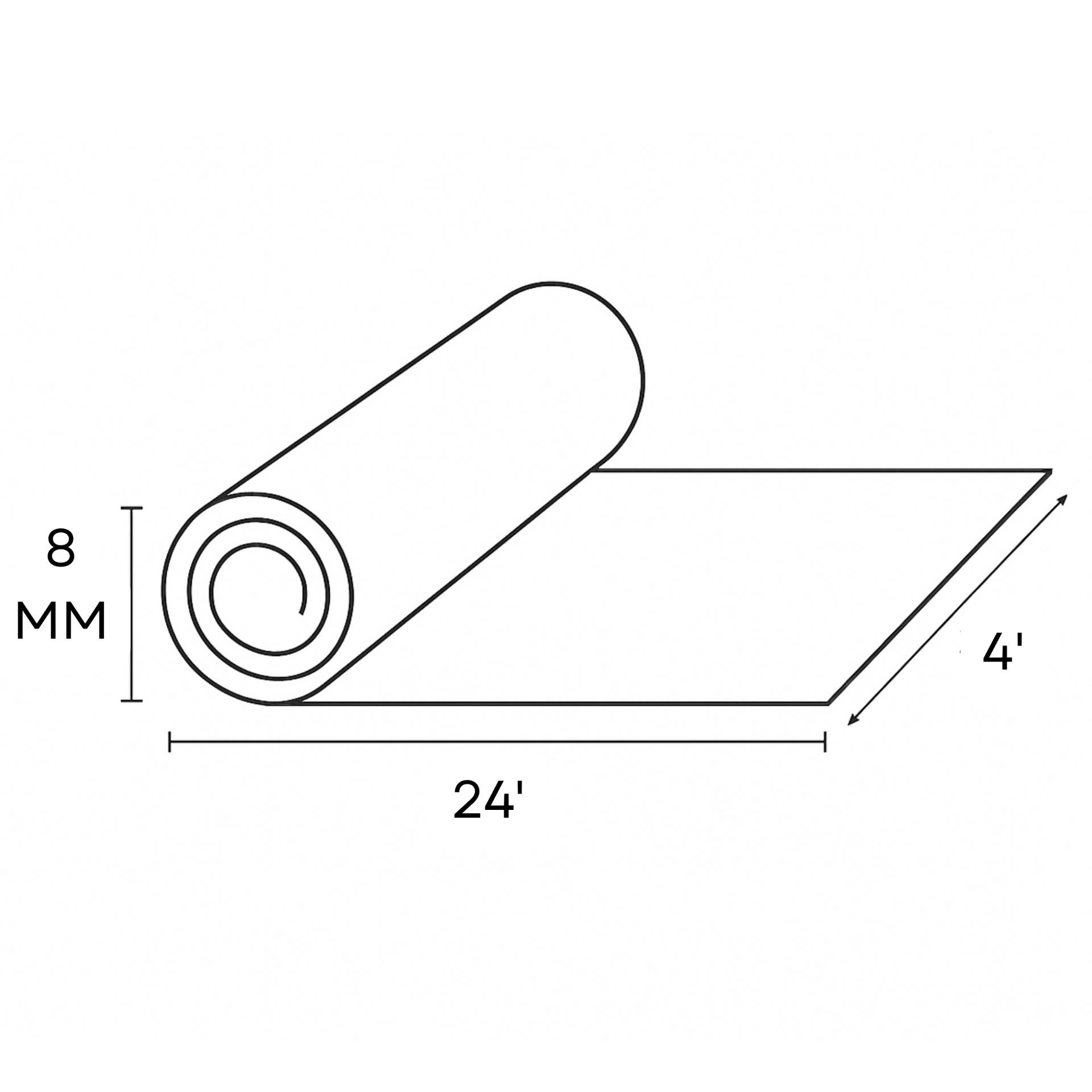 Dura 8mm DuraCoustic roll technical drawing — 8 mm thickness, 4 ft wide, 24 ft long.